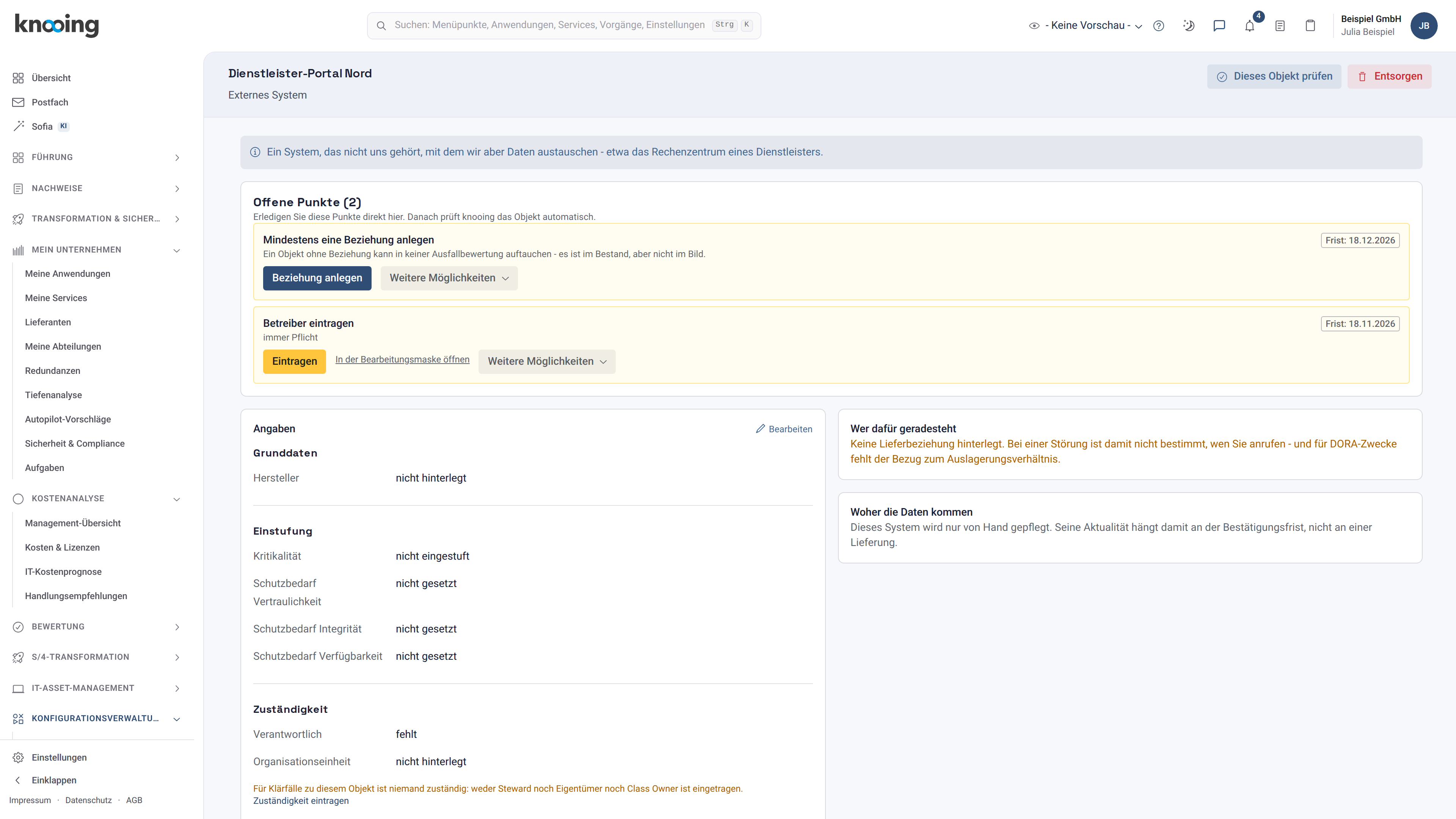 Objekt Dienstleister-Portal Nord mit dem Kasten Offene Punkte und zwei Karten: Mindestens eine Beziehung anlegen und Betreiber eintragen