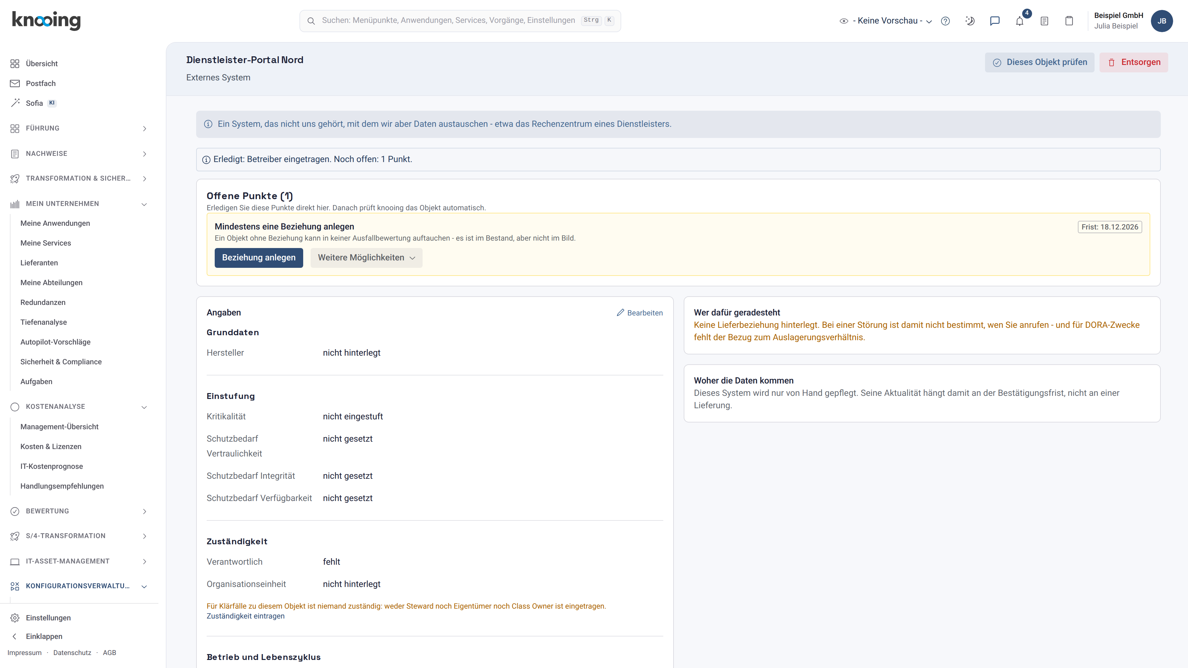 Objekt Dienstleister-Portal Nord mit der Meldung Erledigt: Betreiber eingetragen. Noch offen: 1 Punkt, und nur noch einer Karte im Kasten Offene Punkte