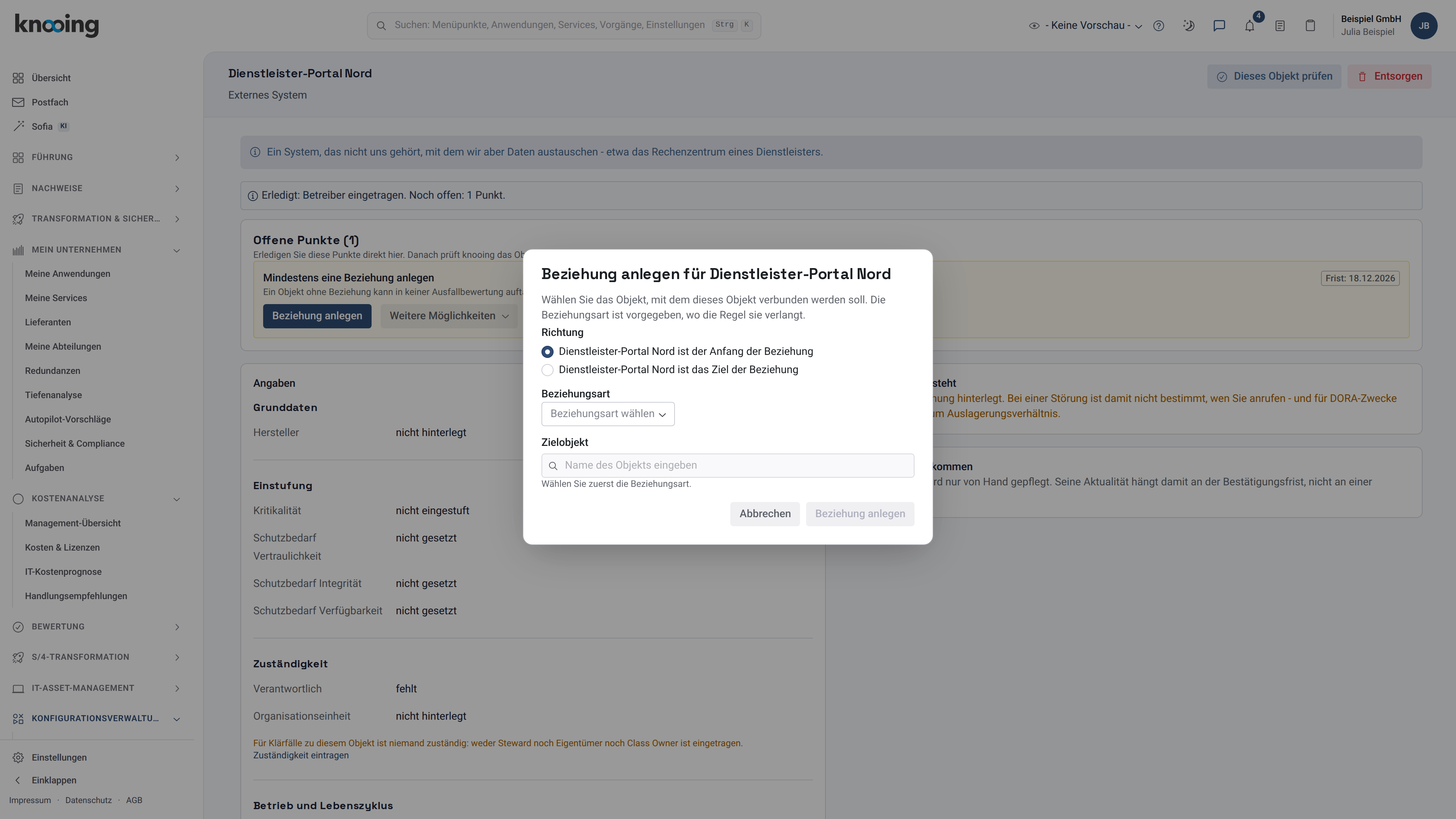 Dialog Beziehung anlegen für Dienstleister-Portal Nord mit Richtung, Beziehungsart und Zielobjekt