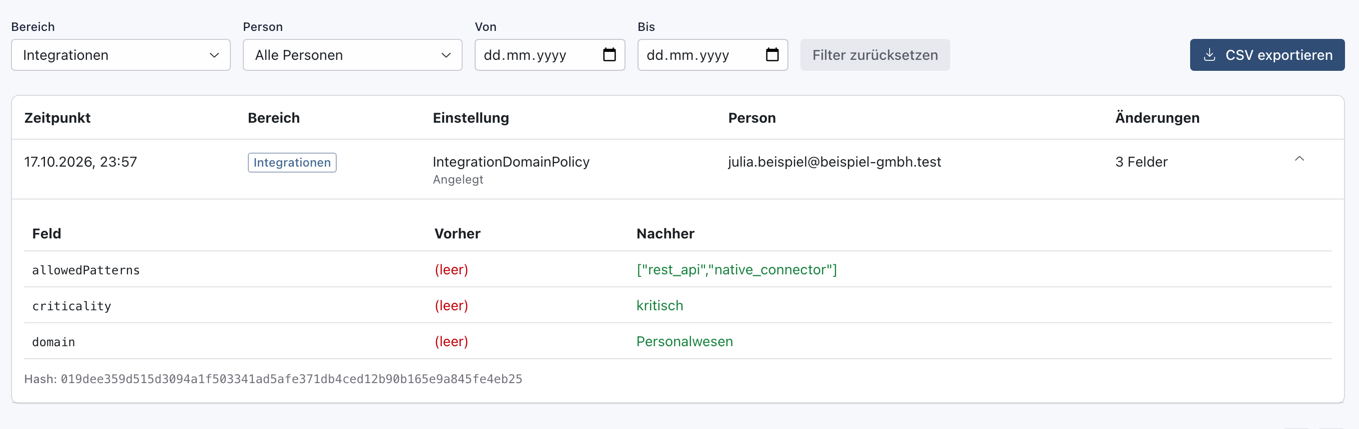Aufgeklappte Zeile mit den Feldern allowedPatterns, criticality und domain, jeweils Vorher leer und Nachher die neuen Werte, darunter der Hash