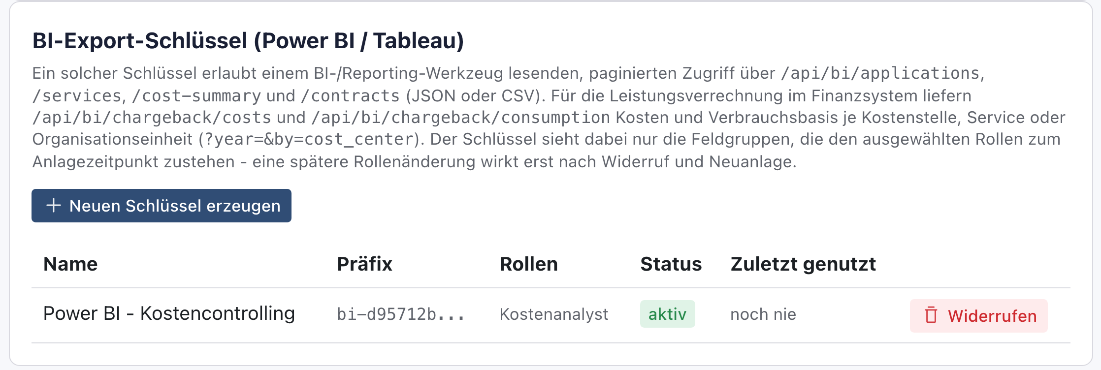 Abschnitt BI-Export-Schlüssel mit dem Knopf Neuen Schlüssel erzeugen und der Zeile Power BI - Kostencontrolling, Präfix bi-…, Rolle Kostenanalyst, Status aktiv, zuletzt genutzt noch nie, Widerrufen