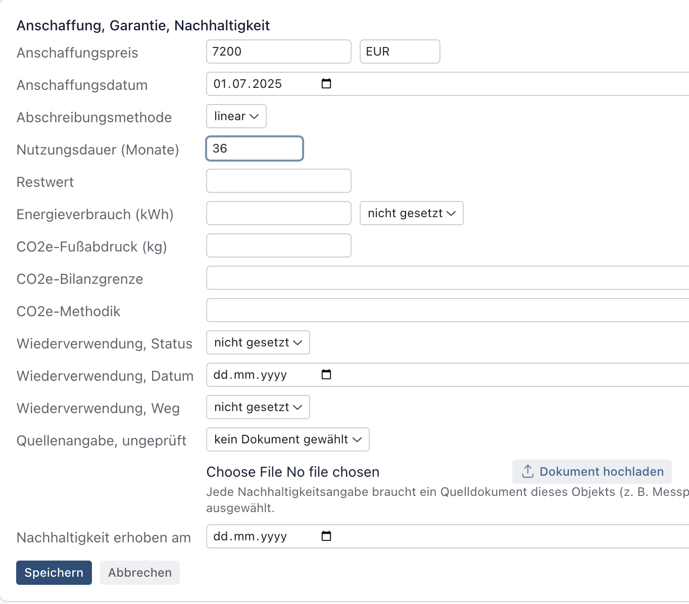 Bereich Anschaffung, Garantie, Nachhaltigkeit von srv-kommissionierung02 im Bearbeitenmodus mit 7200 EUR, 01.07.2025, linear und 36 Monaten