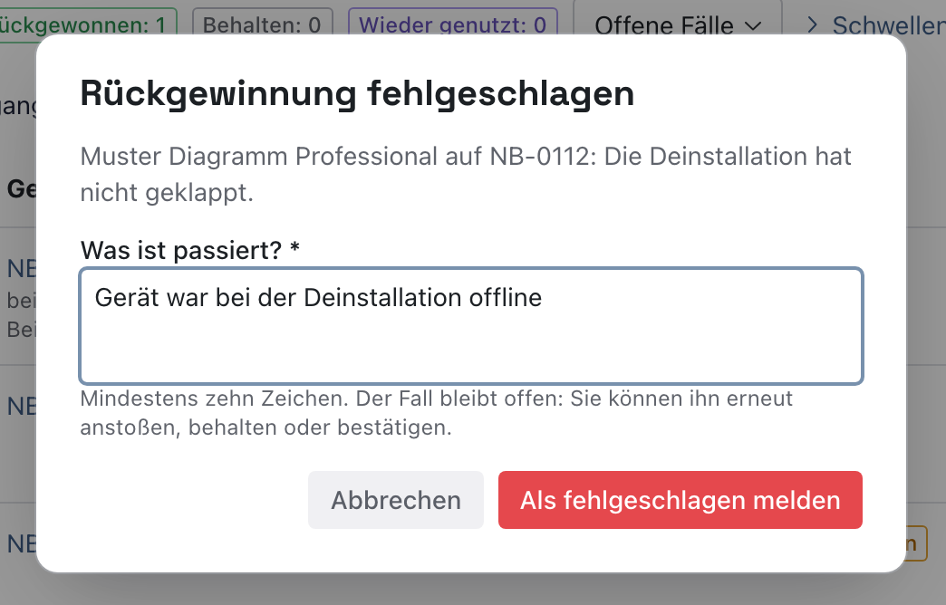 Dialog Rückgewinnung fehlgeschlagen mit dem Text Gerät war bei der Deinstallation offline