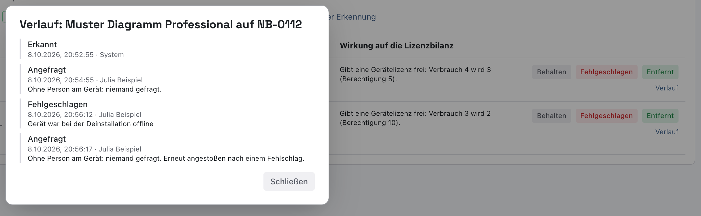 Dialog Verlauf für NB-0112 mit Erkannt, Angefragt, Fehlgeschlagen und erneut Angefragt