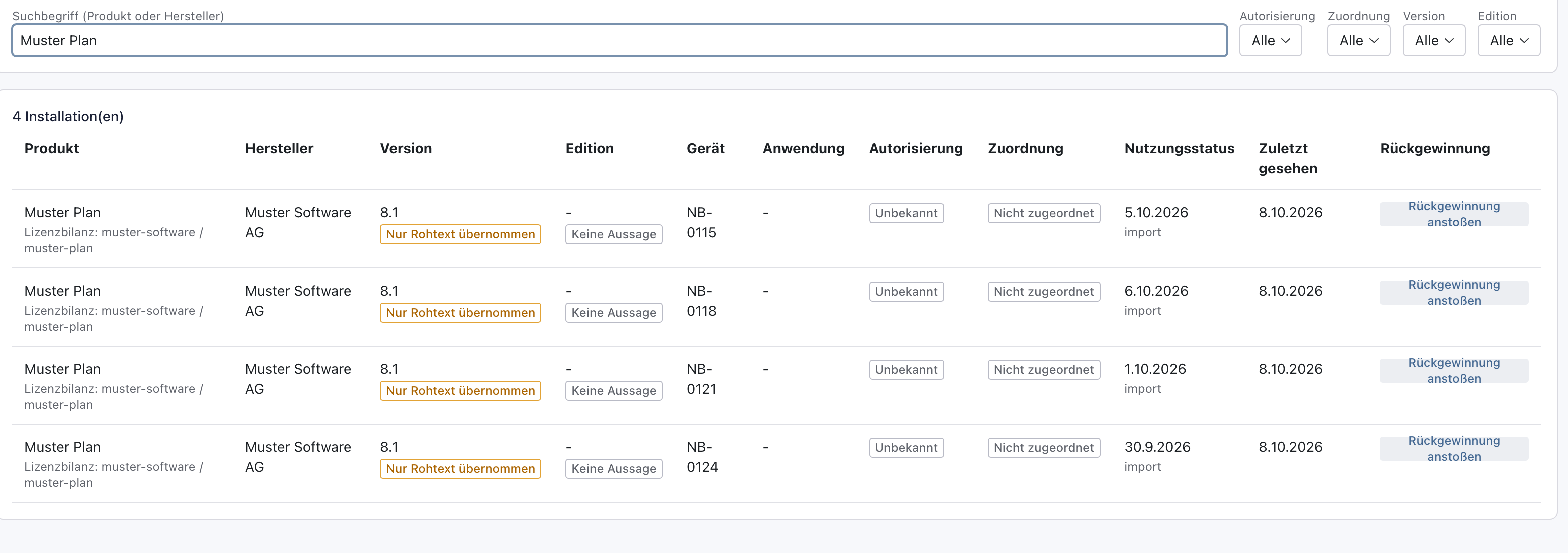 Reiter Software mit dem Suchbegriff Muster Plan und vier Installationen, rechts die Spalte Rückgewinnung