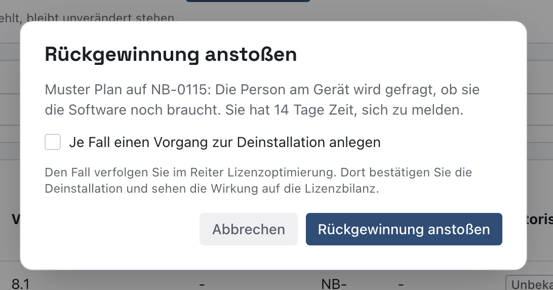 Dialog Rückgewinnung anstoßen für Muster Plan auf NB-0115 mit dem Haken für einen Vorgang