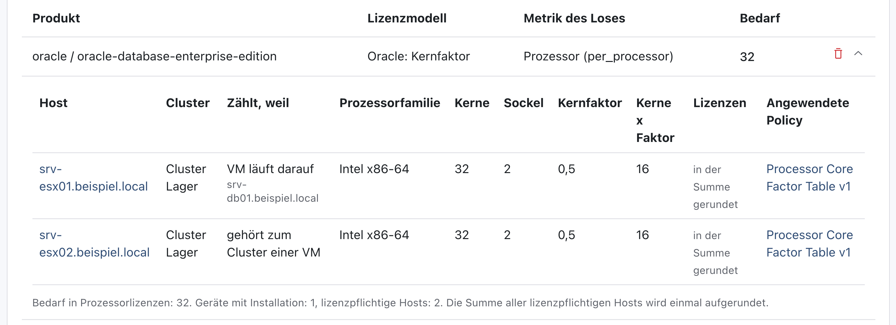 Tabelle der Lizenzmodelle mit oracle / oracle-database-enterprise-edition, Oracle: Kernfaktor, Prozessor, Bedarf 32, darunter der Rechenweg: srv-esx01 zählt, weil die VM srv-db01 darauf läuft, srv-esx02, weil er zum Cluster der VM gehört, je 32 Kerne, Kernfaktor 0,5, 16, und die Zusammenfassung Bedarf in Prozessorlizenzen 32