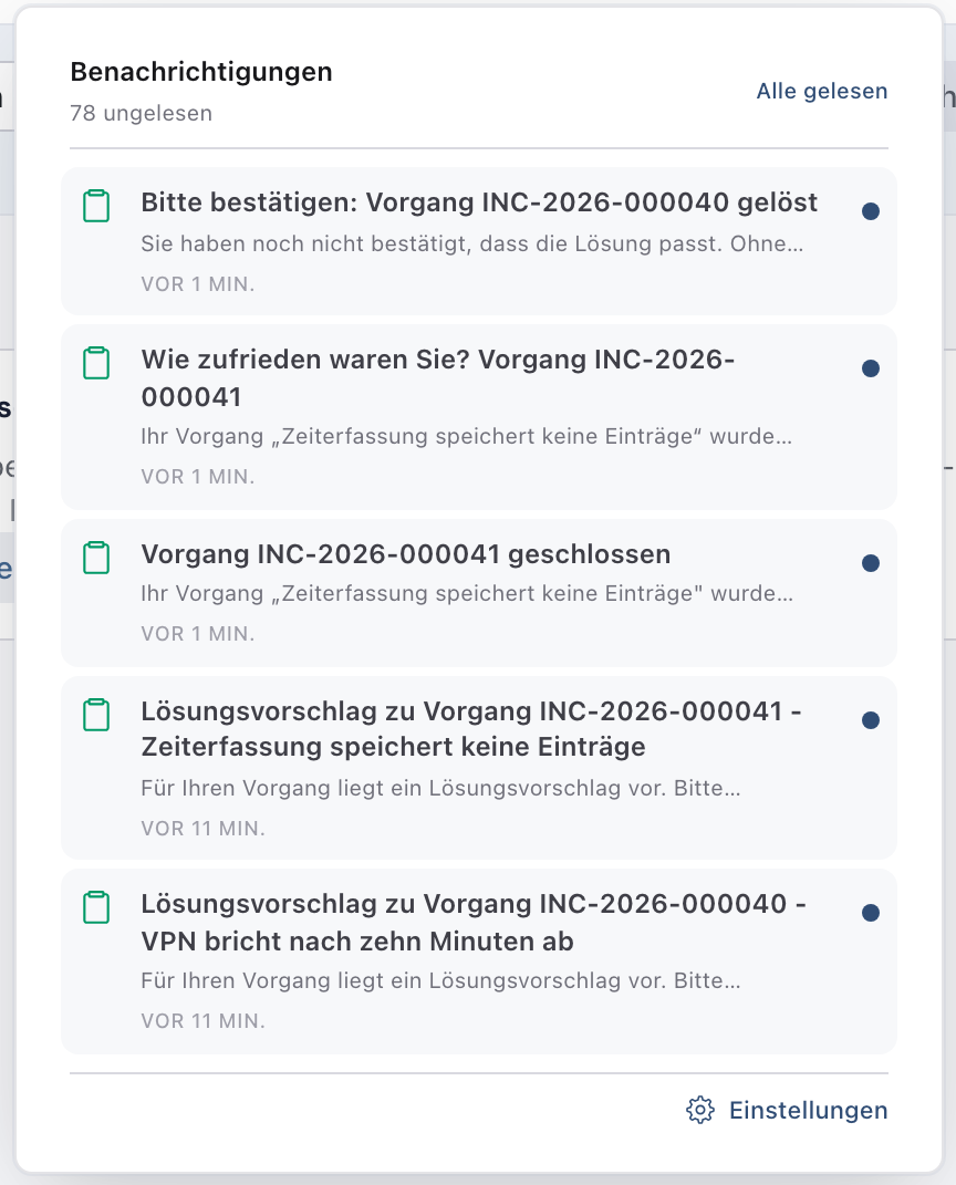Geöffnete Glocke mit der Mitteilung Bitte bestätigen: Vorgang INC-2026-000040 gelöst und weiteren Mitteilungen