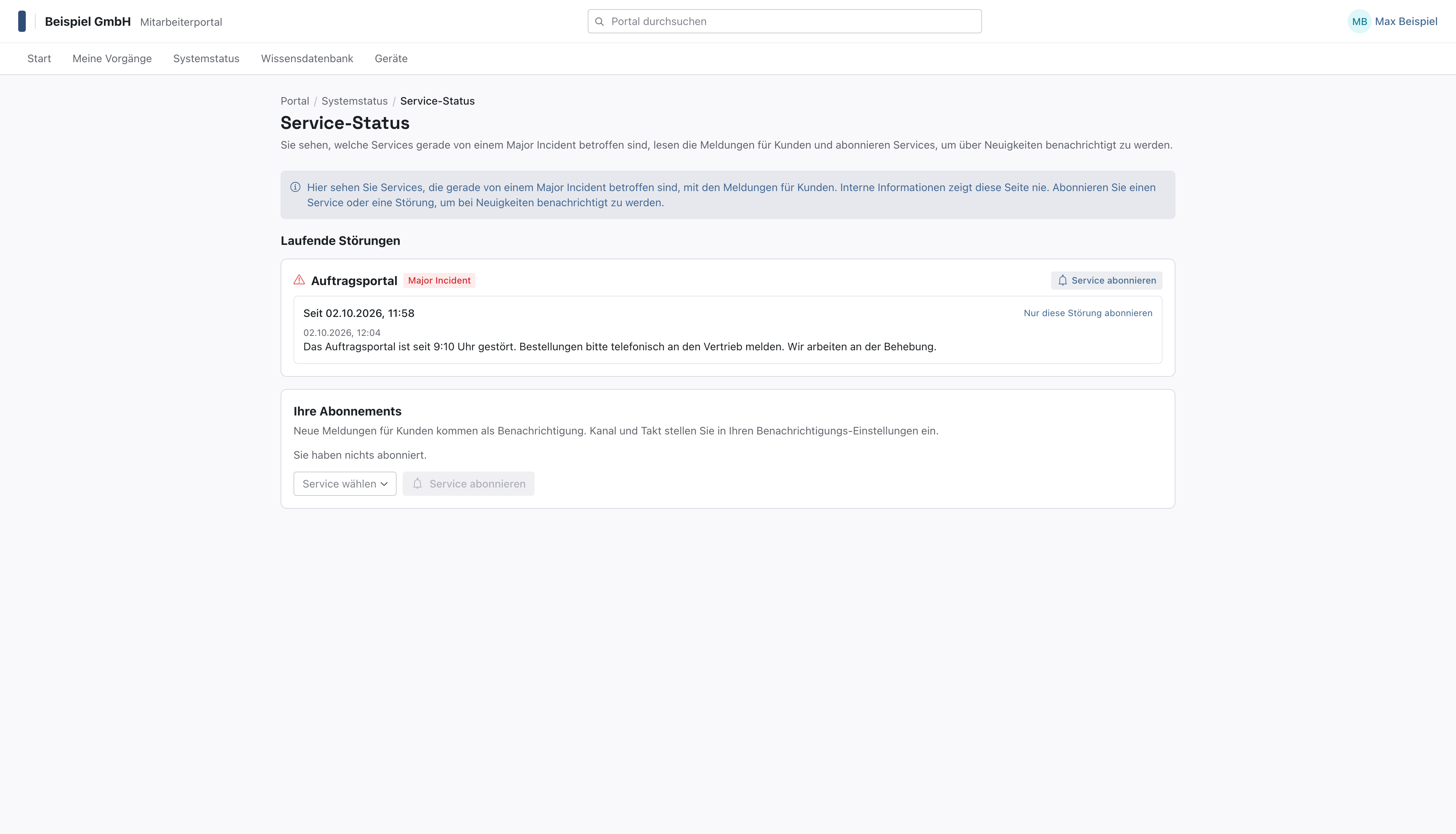 Portalseite Service-Status mit dem laufenden Major Incident am Auftragsportal und dem Knopf Service abonnieren