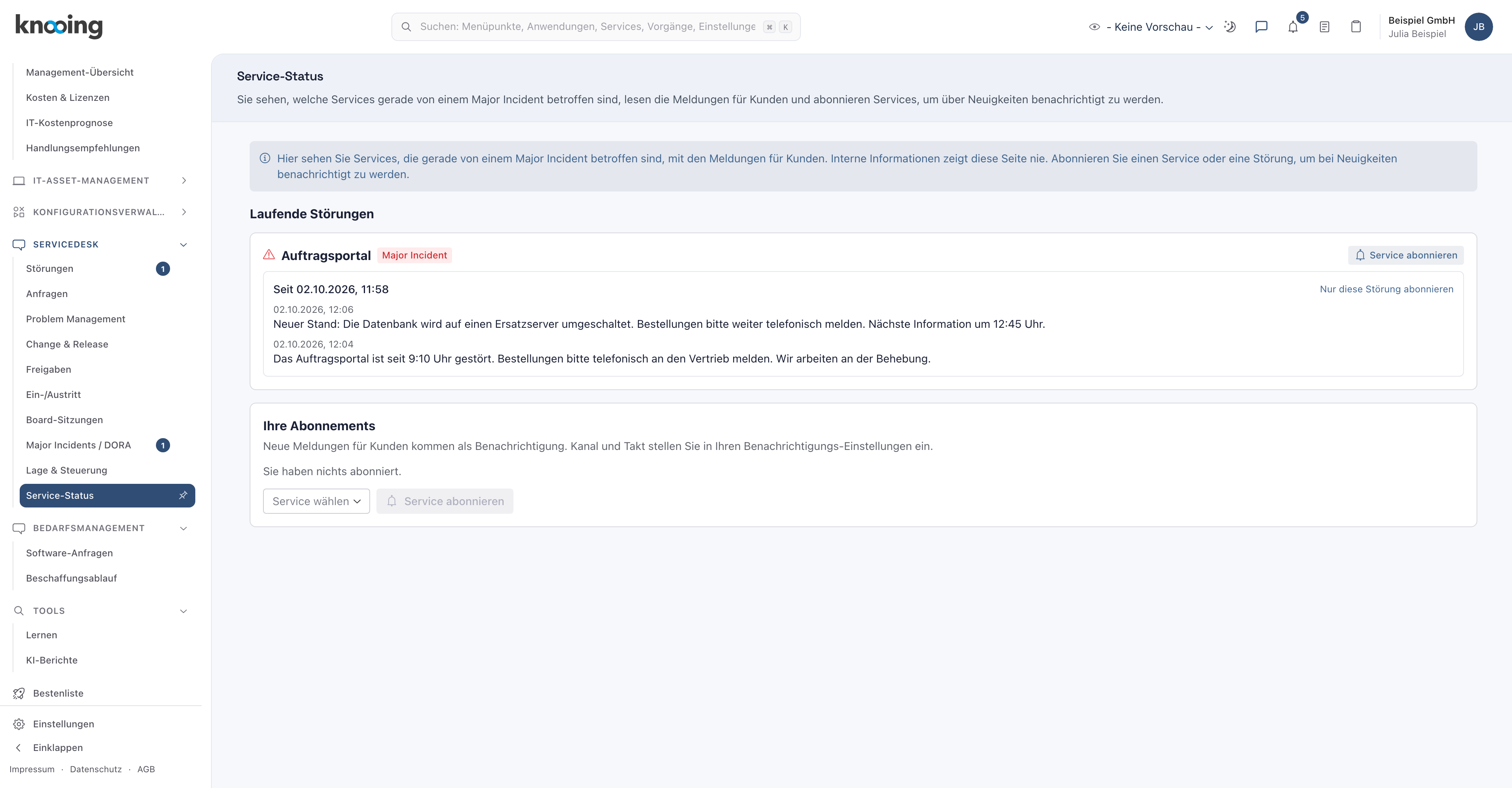 Servicedesk Service-Status mit dem laufenden Major Incident und den Meldungen für Kunden
