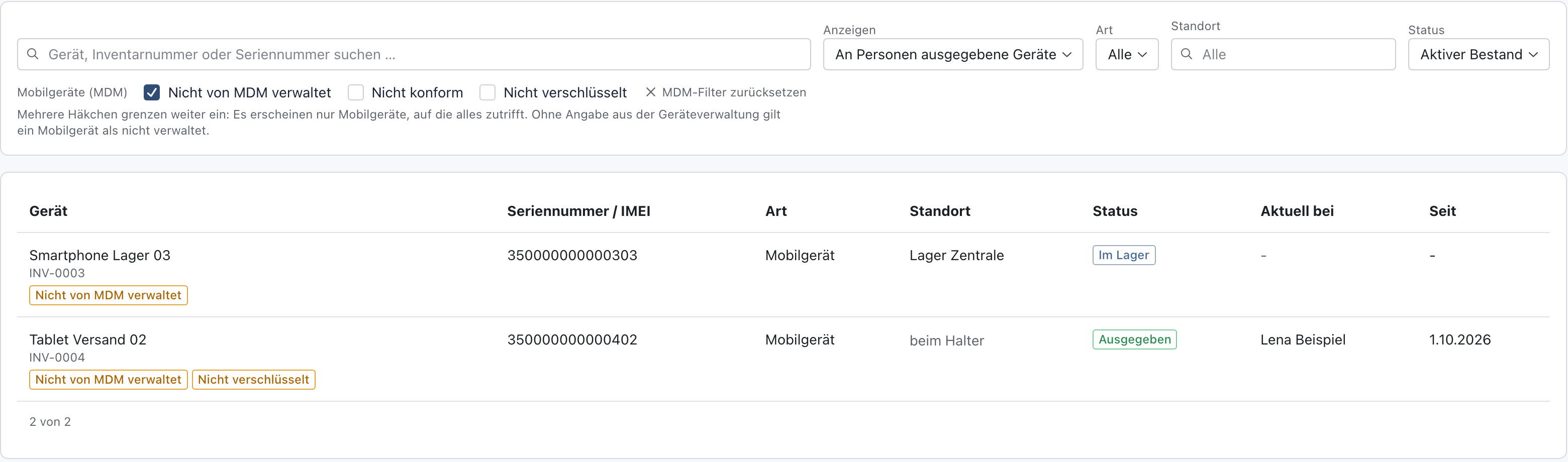 Geräteliste mit dem Häkchen Nicht von MDM verwaltet: Smartphone Lager 03 und Tablet Versand 02 mit ihren Befunden