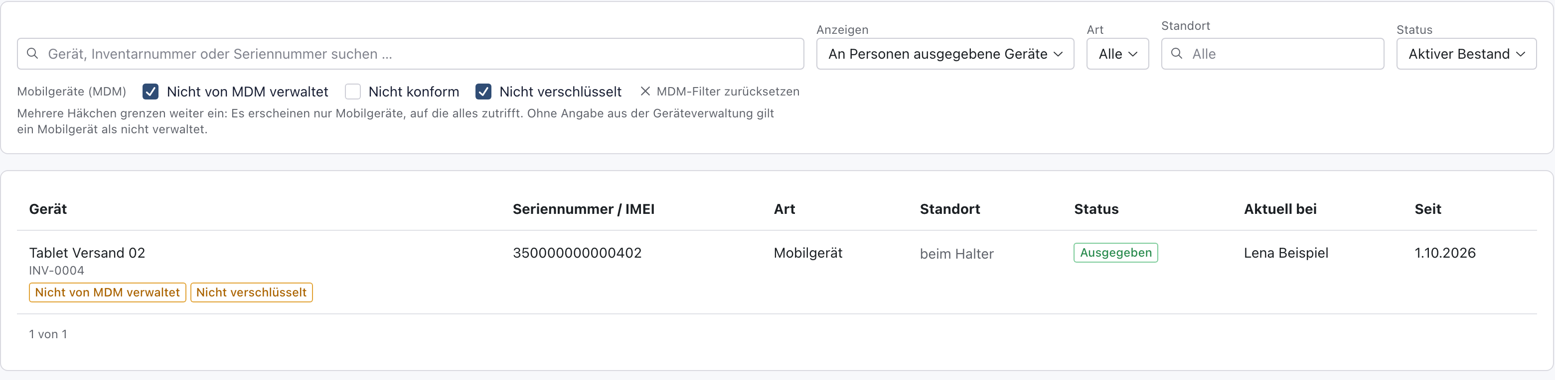 Geräteliste mit den Häkchen Nicht von MDM verwaltet und Nicht verschlüsselt: nur Tablet Versand 02