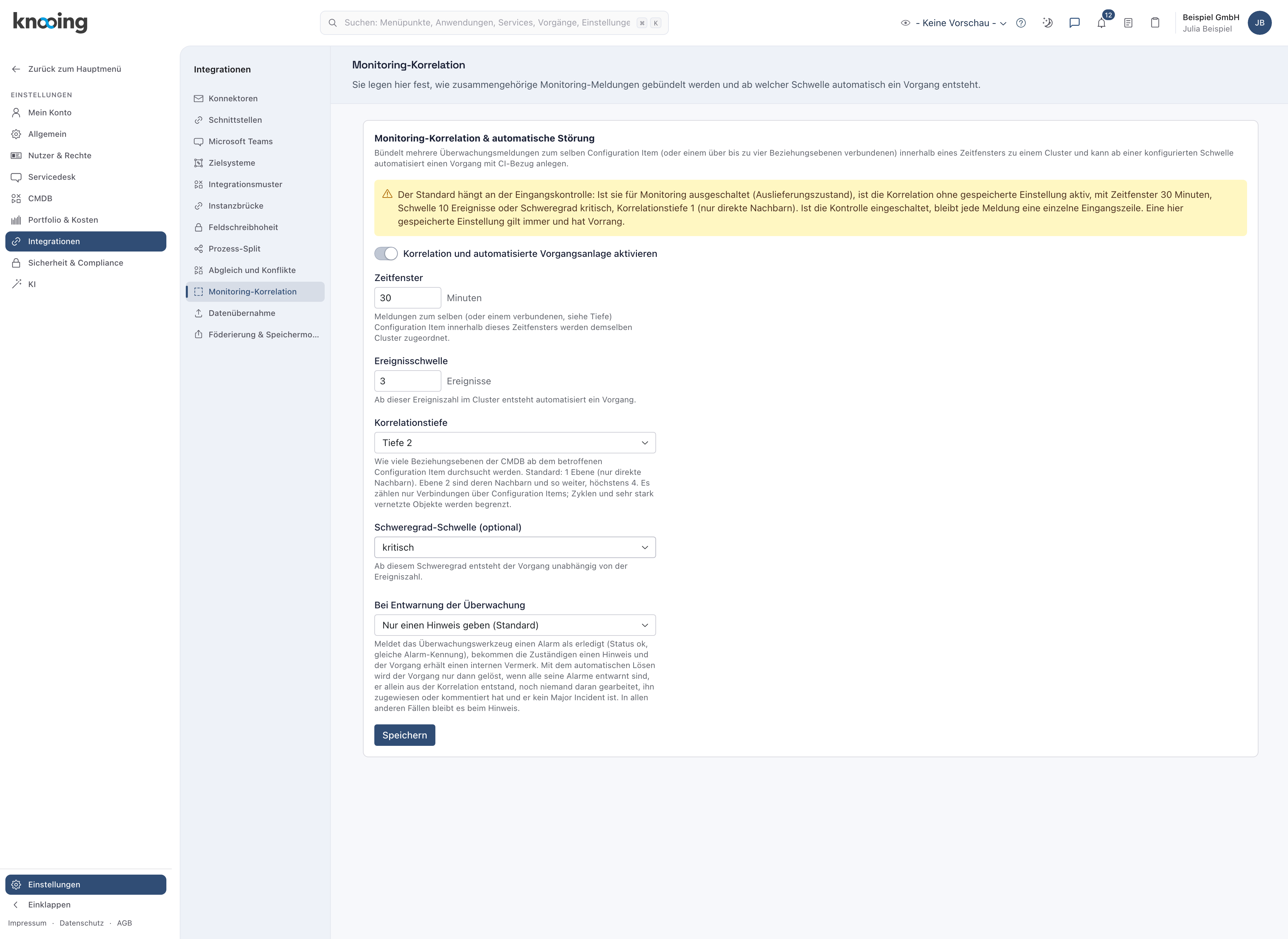 Seite Monitoring-Korrelation mit Zeitfenster 30 Minuten, Ereignisschwelle 3, Korrelationstiefe Tiefe 2 und Schweregrad-Schwelle kritisch
