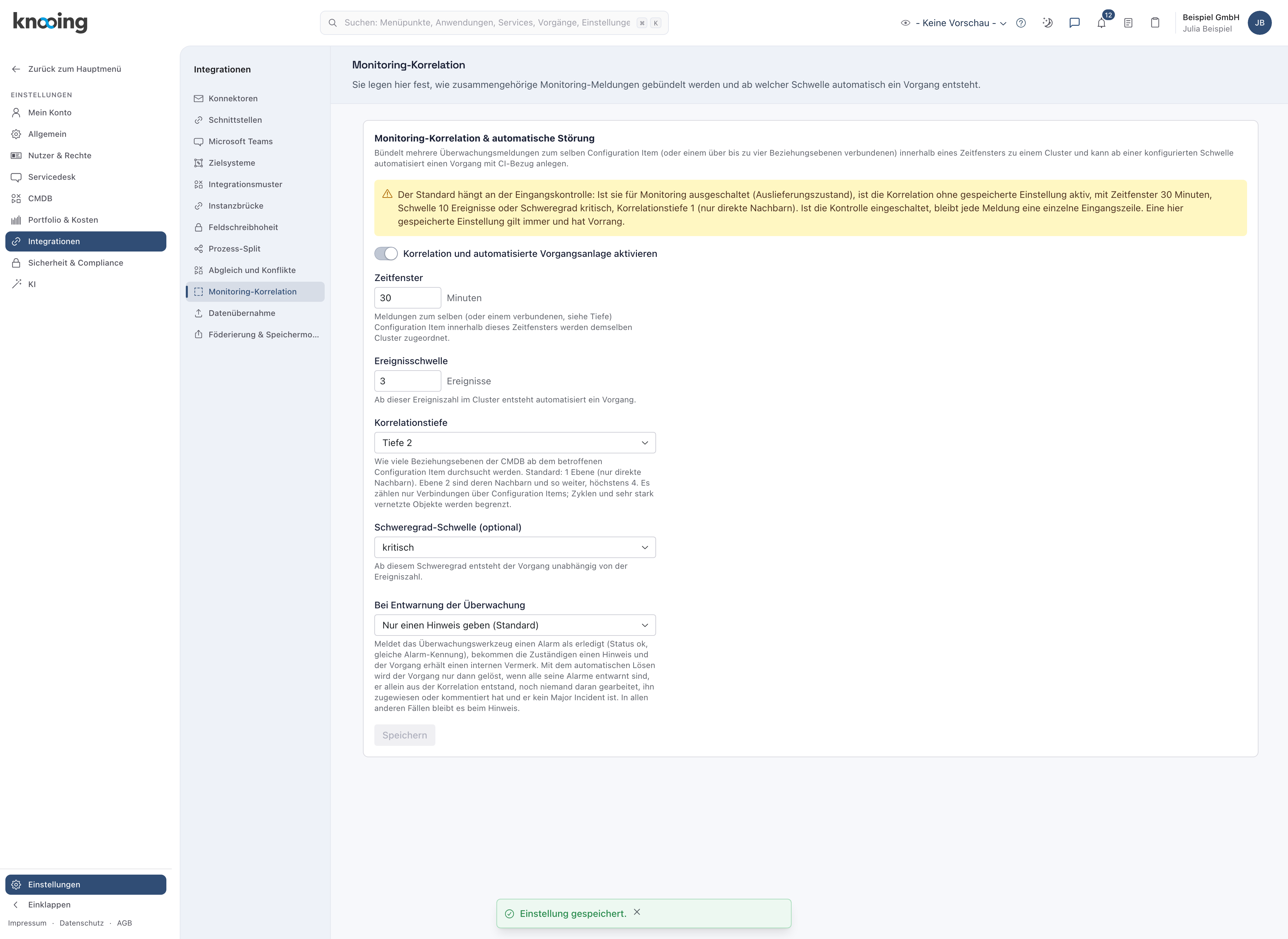 Seite Monitoring-Korrelation nach dem Speichern mit der Meldung Einstellung gespeichert