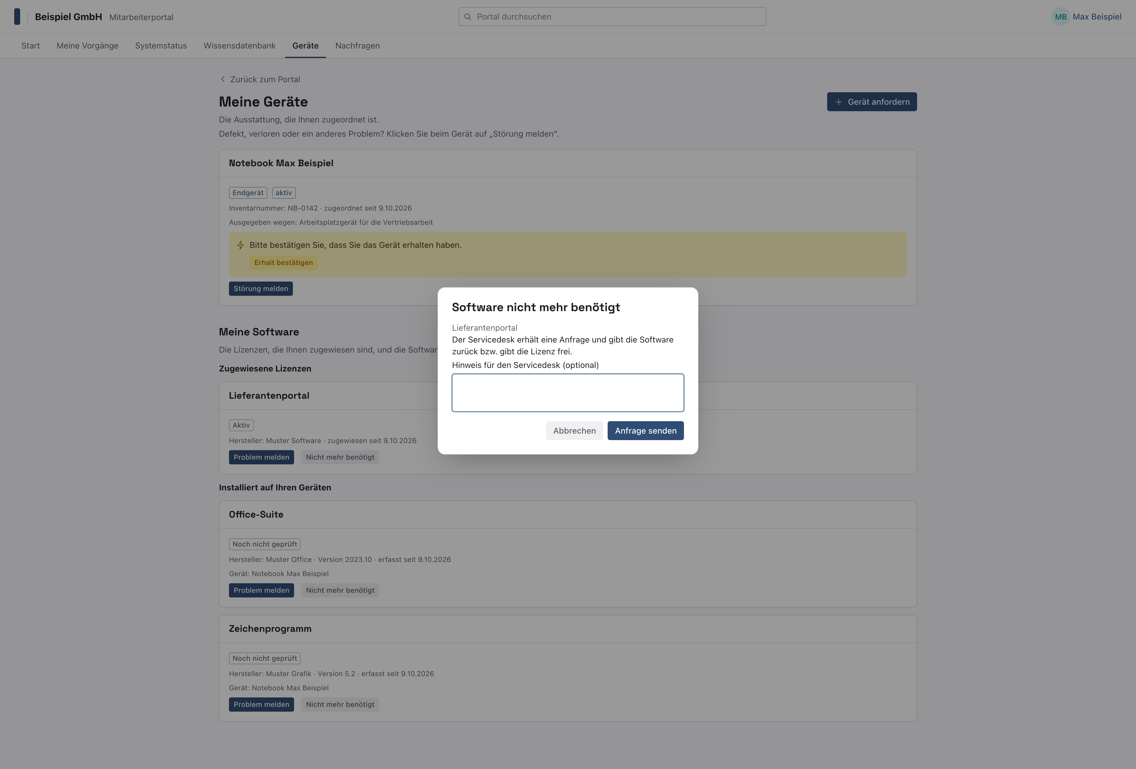 Dialog Software nicht mehr benötigt mit Hinweisfeld und Anfrage senden