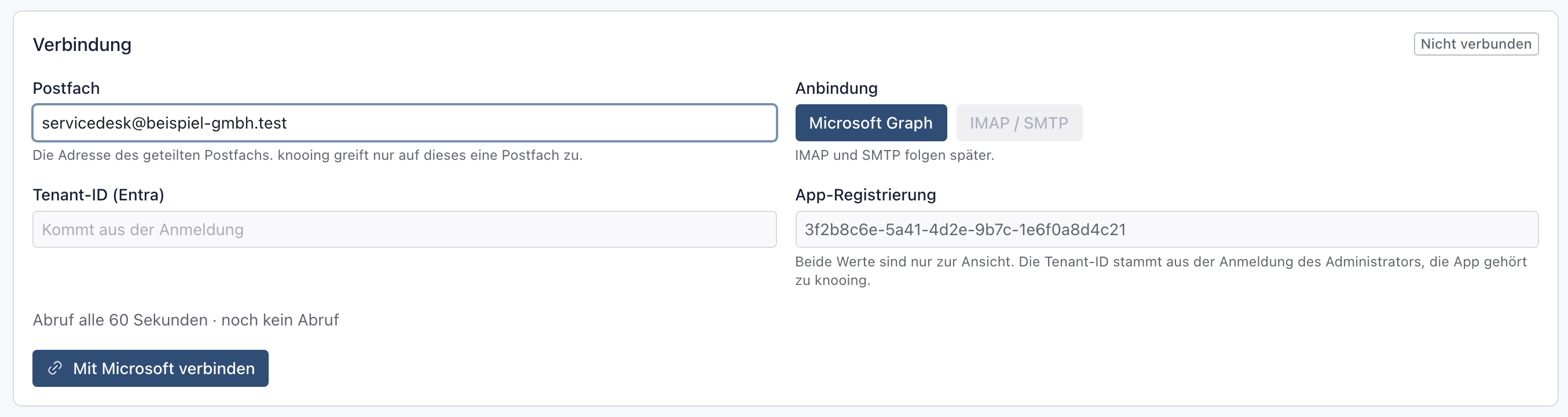 Abschnitt Verbindung mit der eingetragenen Adresse servicedesk@beispiel-gmbh.test, Anbindung Microsoft Graph, App-Registrierung und dem Knopf Mit Microsoft verbinden