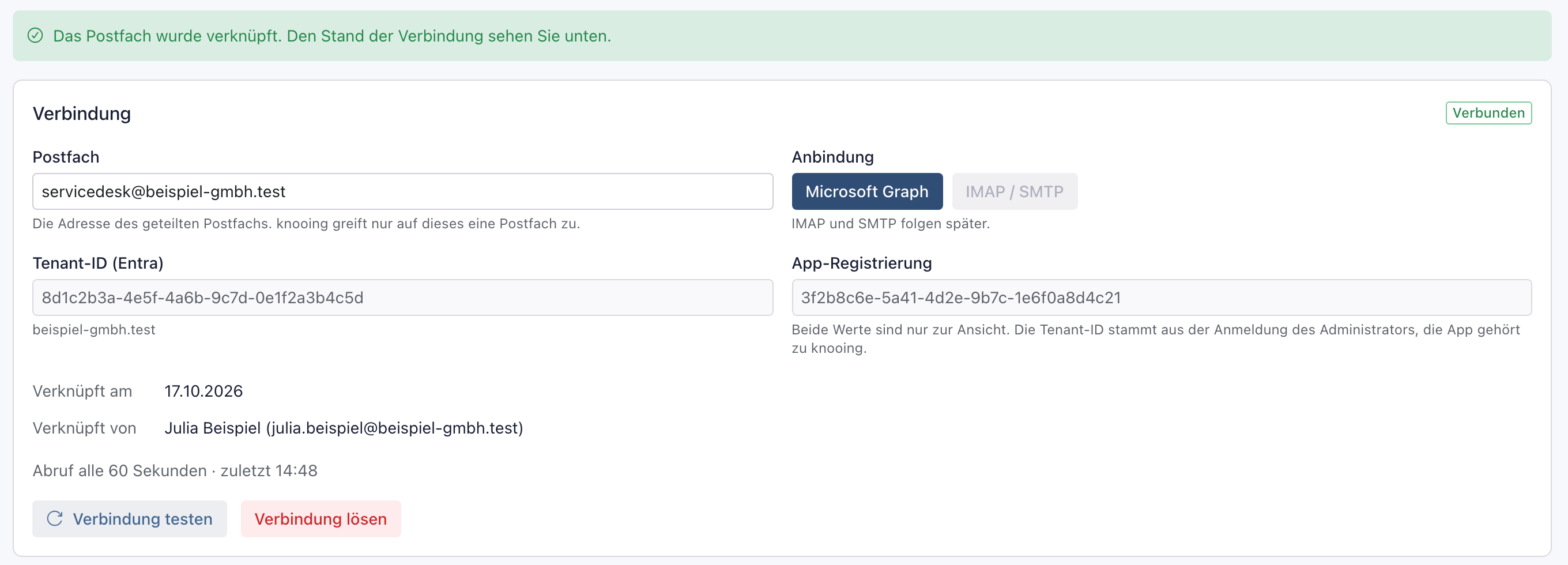 Seite E-Mail-Postfach nach der Rückkehr mit der grünen Meldung, dem Status Verbunden, der Tenant-ID, Verknüpft am, Verknüpft von und den Knöpfen Verbindung testen und Verbindung lösen