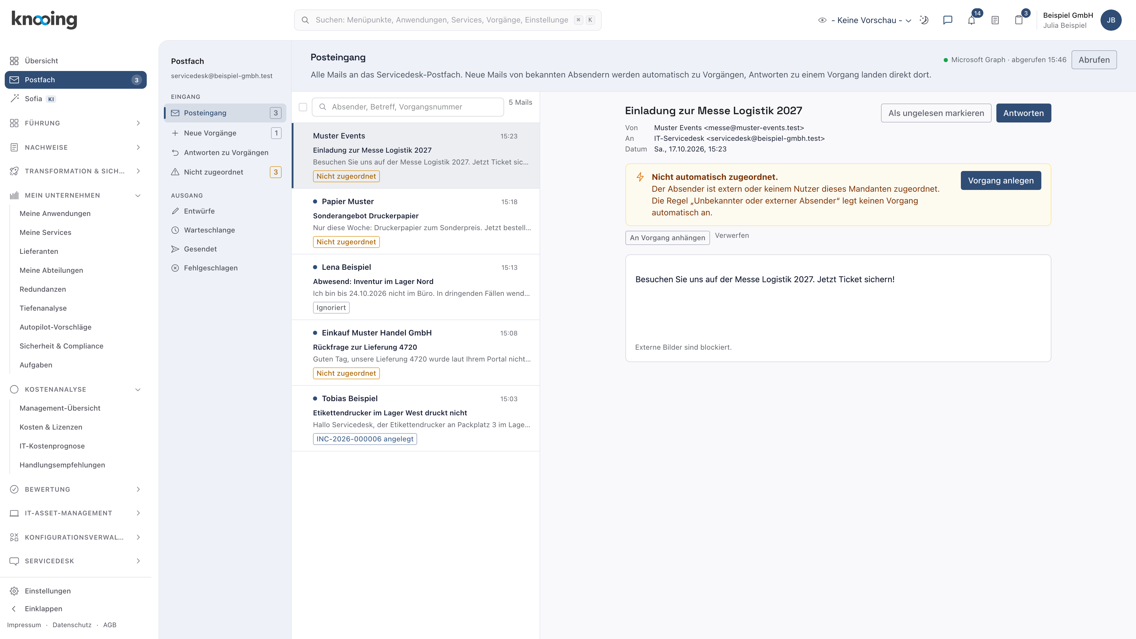 Seite Postfach mit der Ordnerspalte Eingang und Ausgang, der Liste im Posteingang und der geöffneten Mail von Tobias Beispiel