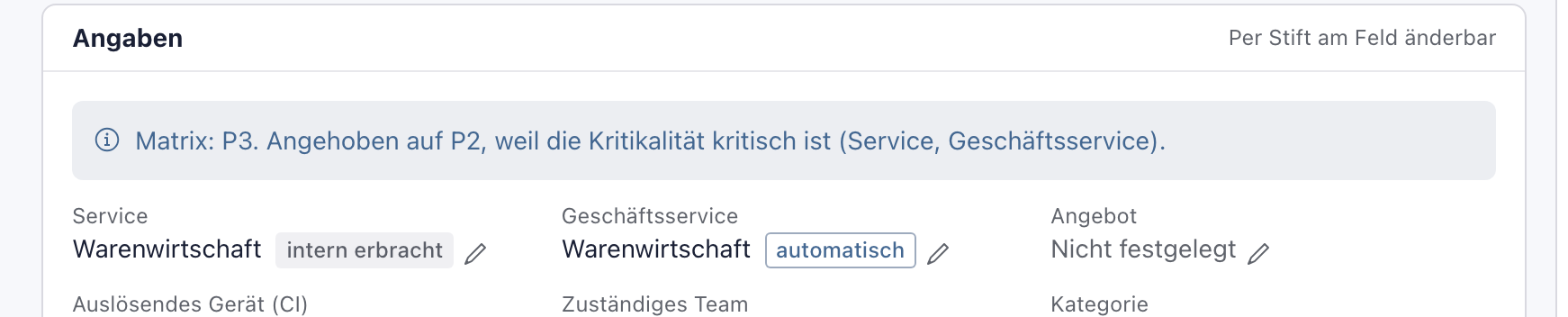 Ausschnitt aus dem Block Angaben eines Vorgangs mit dem blauen Hinweis zur Herleitung der Priorität