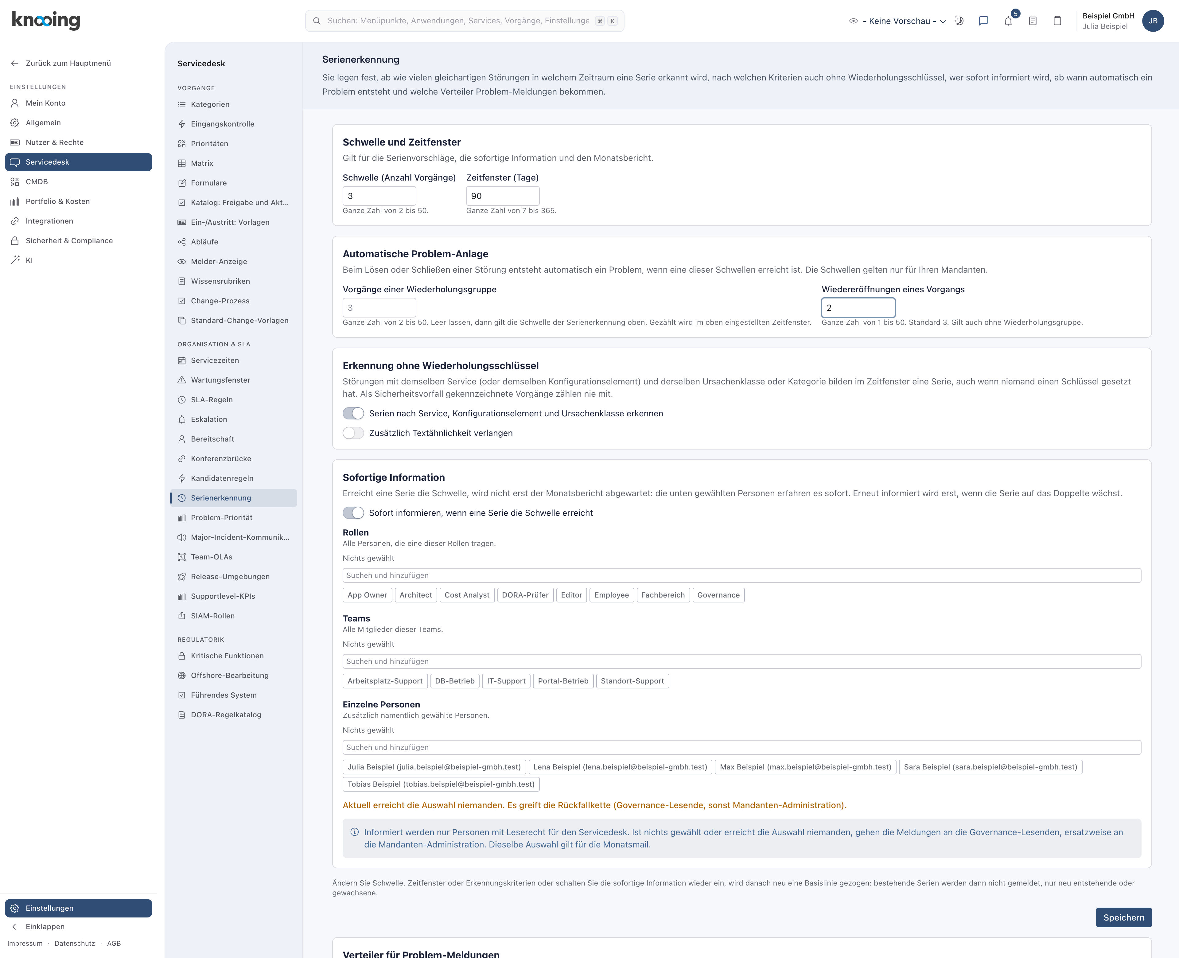 Serienerkennung mit dem Block Automatische Problem-Anlage und dem Wert 2 bei Wiedereröffnungen eines Vorgangs