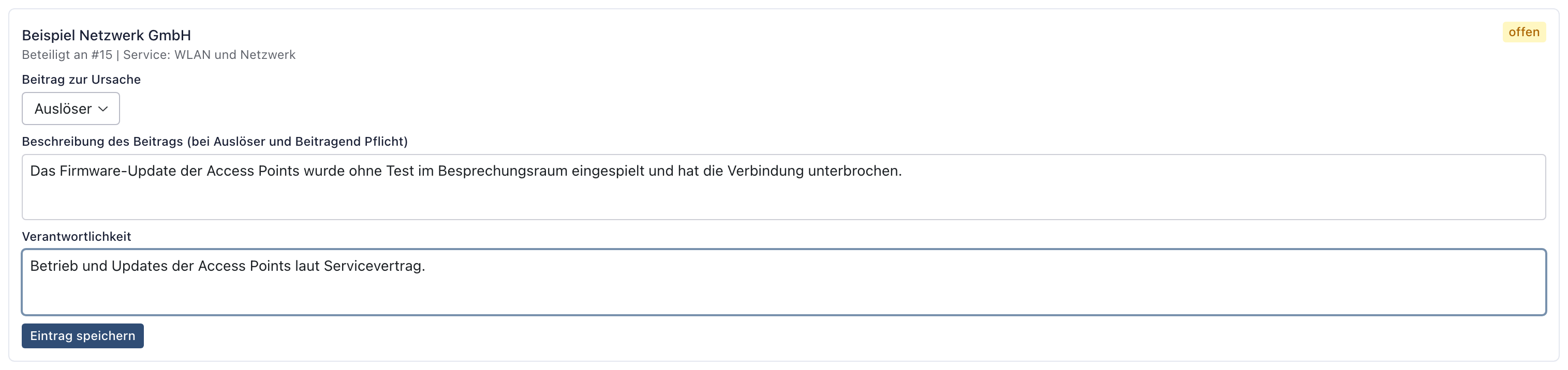 Karte der Beispiel Netzwerk GmbH mit Auslöser, Beschreibung des Beitrags und Verantwortlichkeit