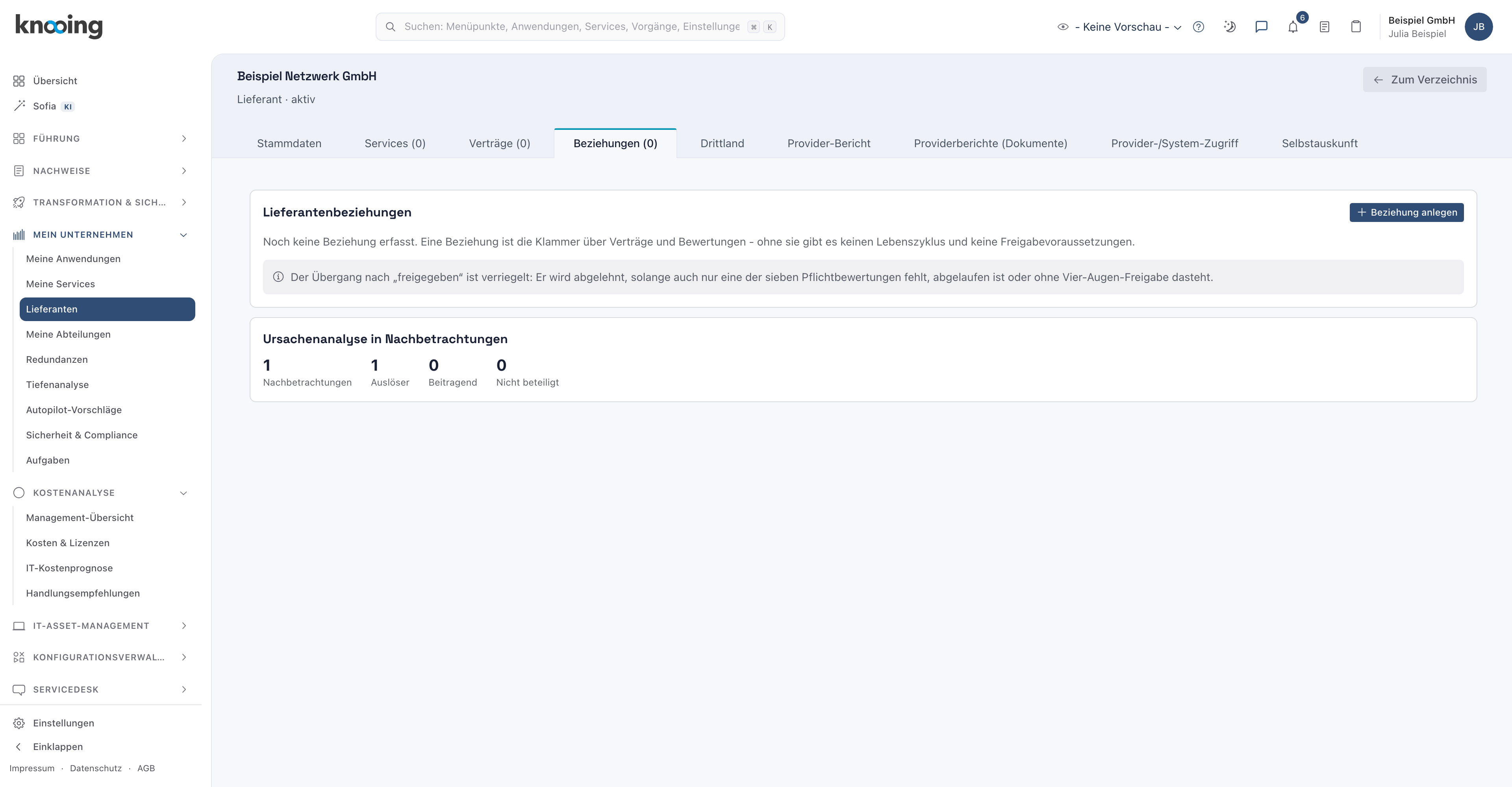 Lieferant Beispiel Netzwerk GmbH, Reiter Beziehungen, mit dem Block Ursachenanalyse in Nachbetrachtungen: 1 Nachbetrachtung, 1 Auslöser