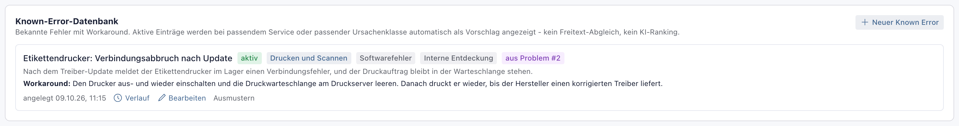 Known-Error-Datenbank mit einem aktiven Eintrag, Service, Ursachenklasse, Quelle, Herkunft aus Problem 2 und Workaround