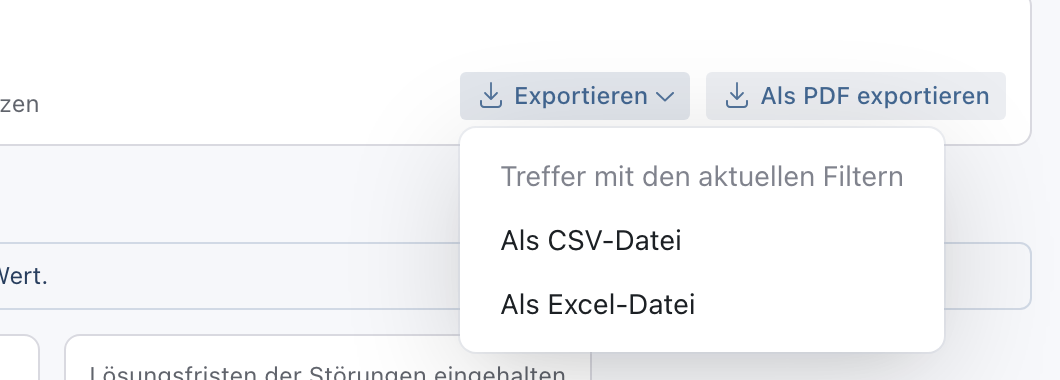 Geöffnetes Menü Exportieren mit Als CSV-Datei und Als Excel-Datei neben Als PDF exportieren