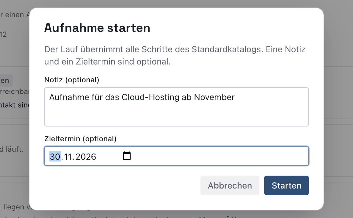 Dialog Aufnahme starten mit der Notiz Aufnahme für das Cloud-Hosting ab November und dem Zieltermin 30.11.2026