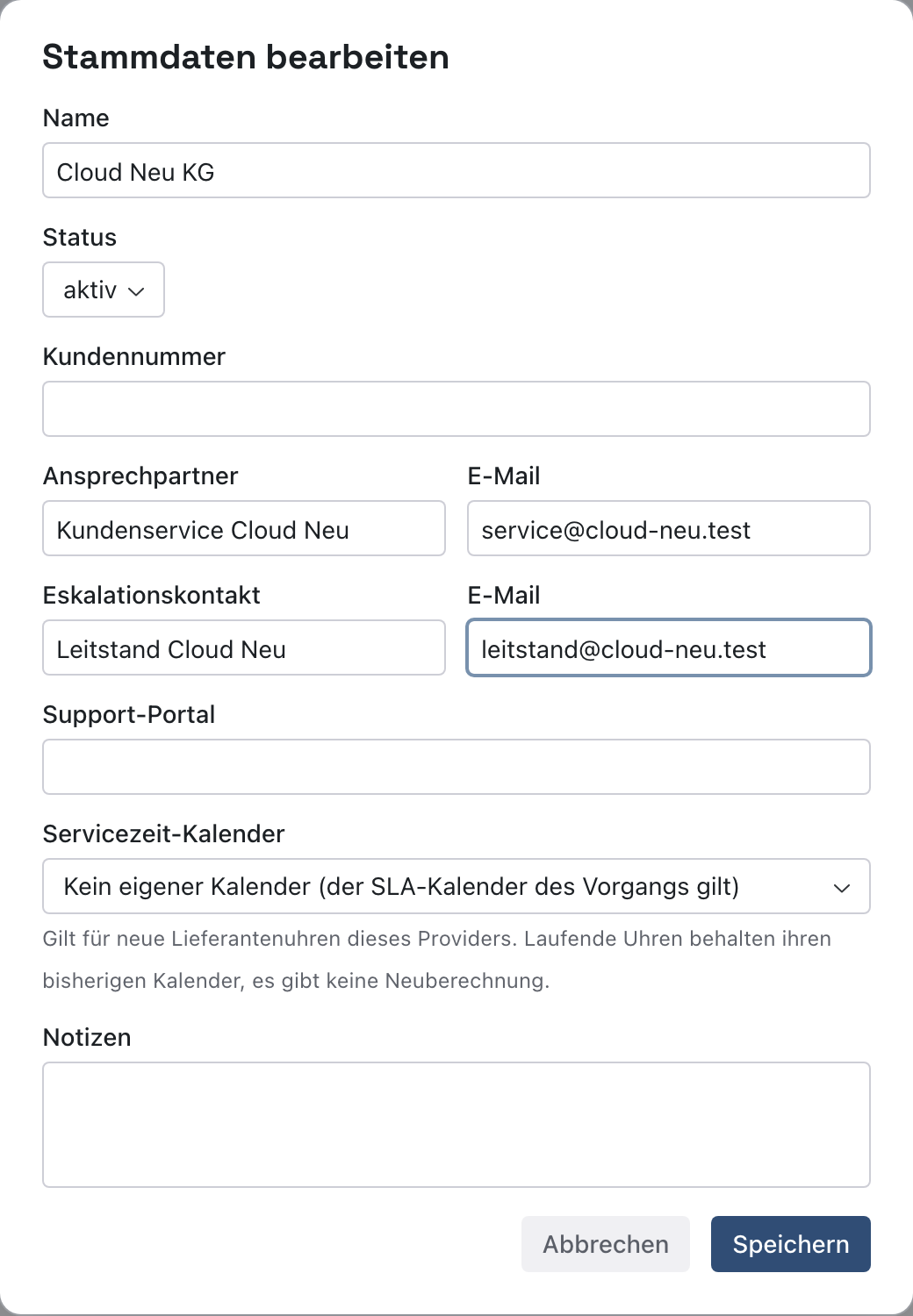 Dialog Stammdaten bearbeiten der Cloud Neu KG mit Ansprechpartner Kundenservice Cloud Neu und Eskalationskontakt Leitstand Cloud Neu