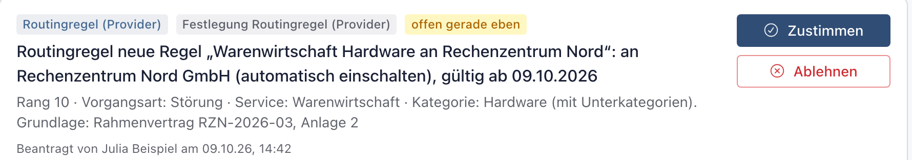 Antrag zur Routingregel im Freigabeposteingang mit Bedingungen und Grundlage