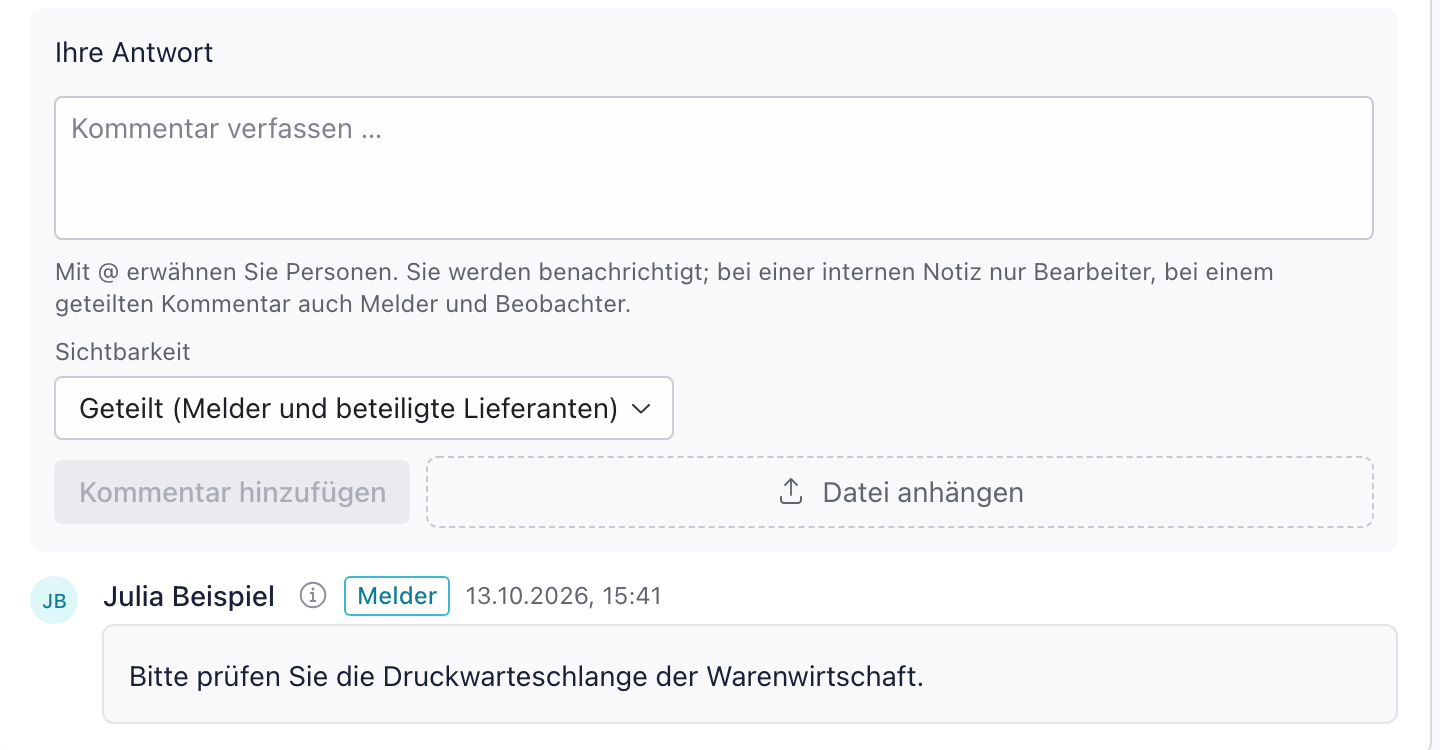 Bereich Ihre Antwort mit einem geteilten Kommentar an alle Beteiligten