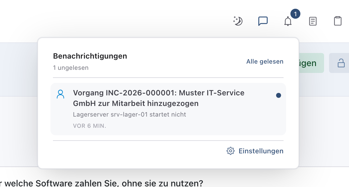 Geöffnete Liste Benachrichtigungen mit dem Eintrag Vorgang INC-2026-000001: Muster IT-Service GmbH zur Mitarbeit hinzugezogen