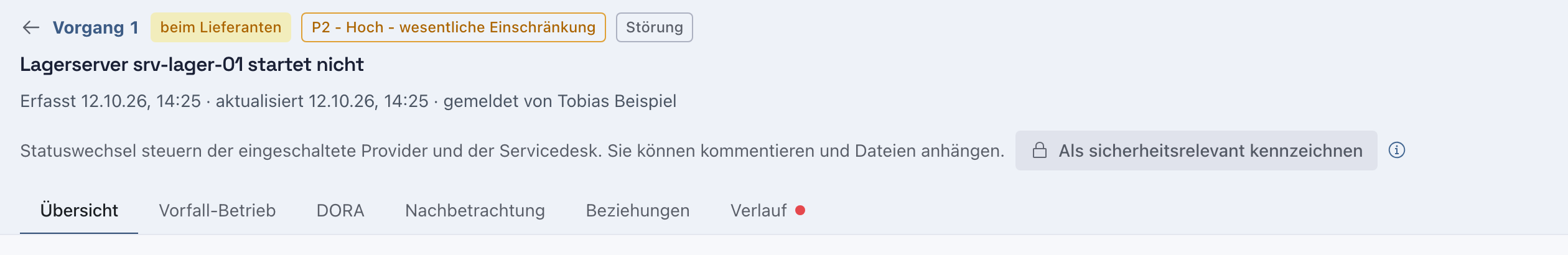 Kopf des Vorgangs Lagerserver srv-lager-01 startet nicht mit dem Hinweis, wer Statuswechsel steuert