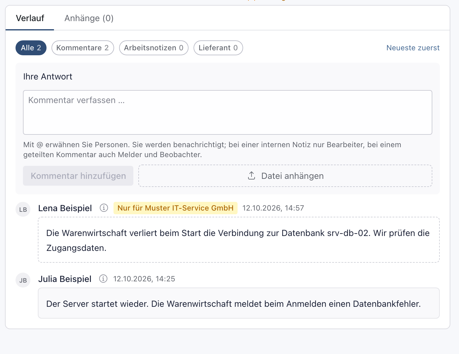 Bereich Verlauf mit leerem Feld Kommentar verfassen, Knopf Kommentar hinzufügen und dem neuen Kommentar von Lena Beispiel