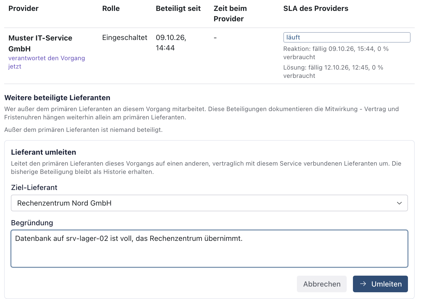 Bereich Lieferant umleiten mit Ziel-Lieferant Rechenzentrum Nord GmbH, Begründung und Knopf Umleiten