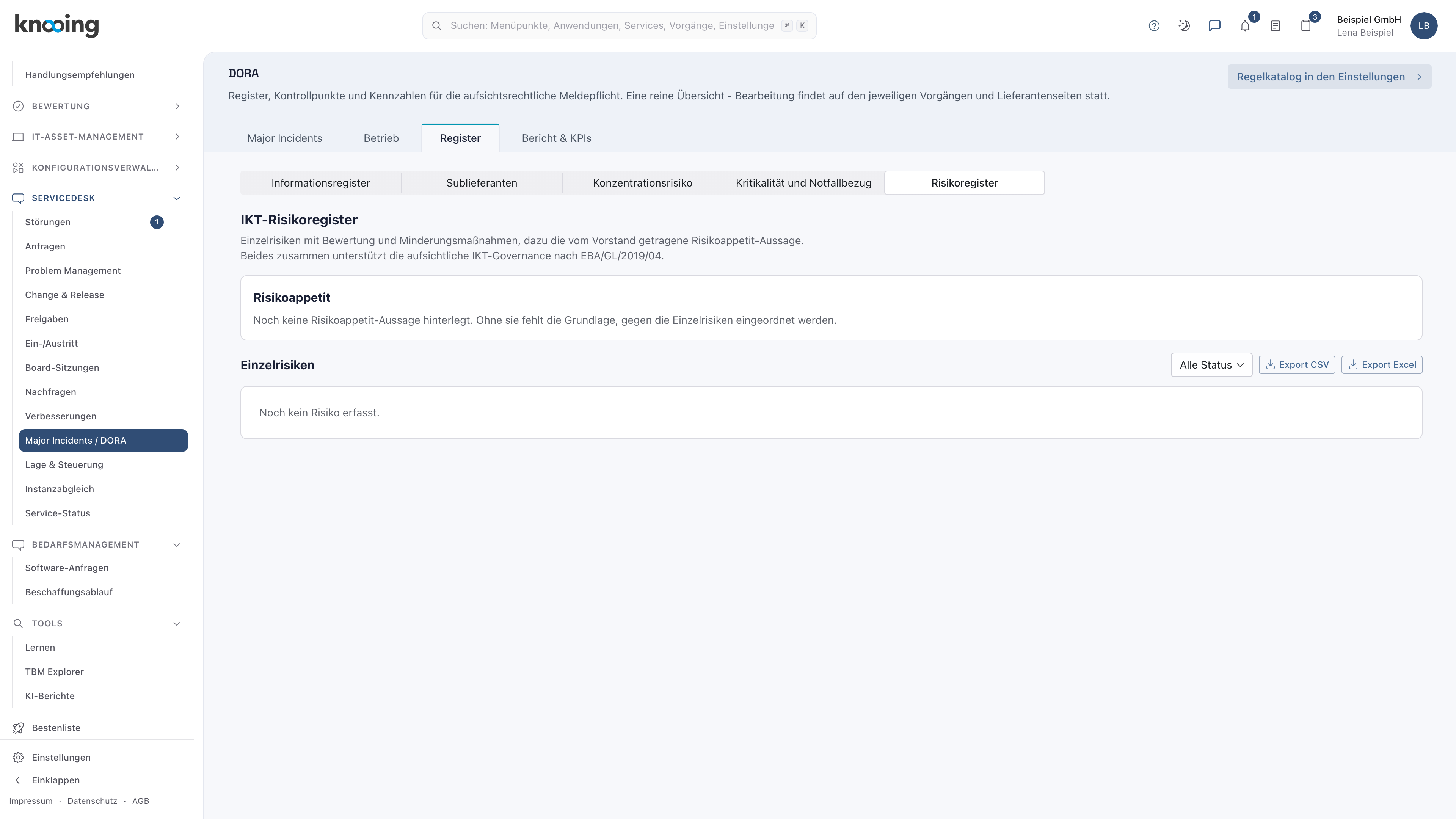 Seite DORA, Reiter Register, Ansicht Risikoregister aus Sicht von Lena Beispiel: Export CSV und Export Excel sind da, Risiko erfassen und Neue Version fehlen
