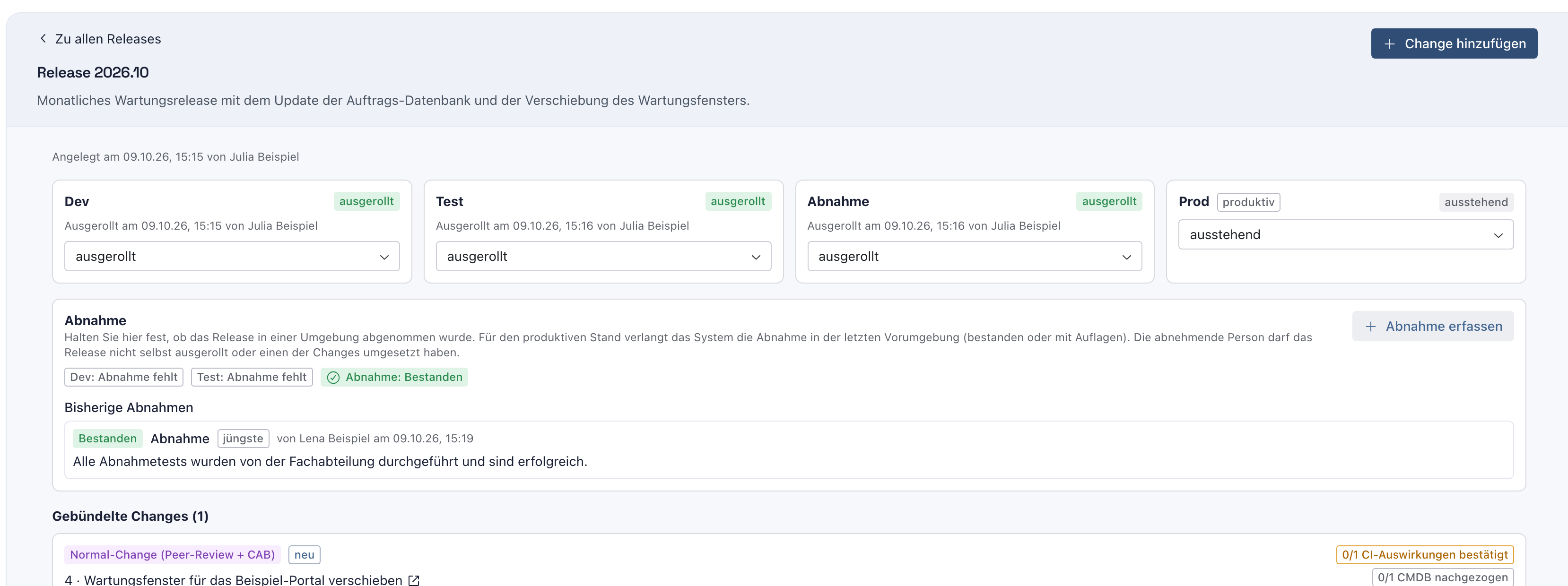 Release mit dem Abschnitt Abnahme, der Marke Abnahme Bestanden und dem Eintrag Bestanden von Lena Beispiel unter Bisherige Abnahmen