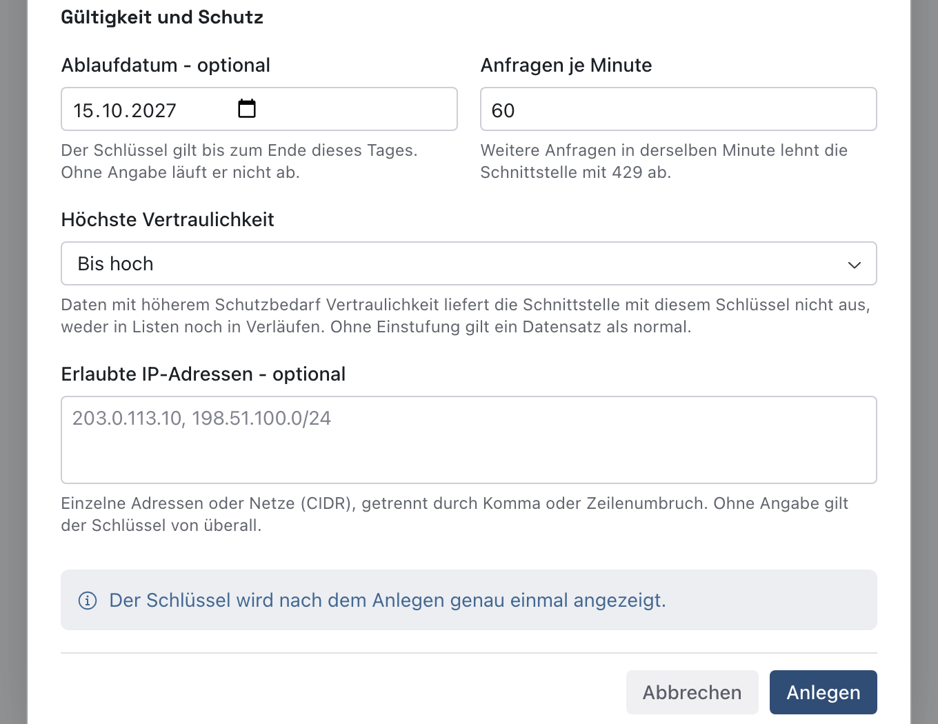 Abschnitt Gültigkeit und Schutz mit Ablaufdatum 15.10.2027, Anfragen je Minute 60, Höchste Vertraulichkeit Bis hoch, leerem Feld Erlaubte IP-Adressen und dem Knopf Anlegen
