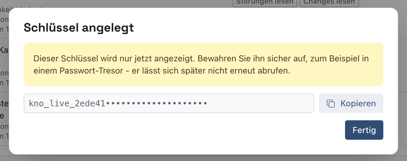 Dialog Schlüssel angelegt mit dem Hinweis, dass der Schlüssel nur jetzt angezeigt wird, dem für dieses Bild verdeckten Schlüssel und dem Knopf Kopieren