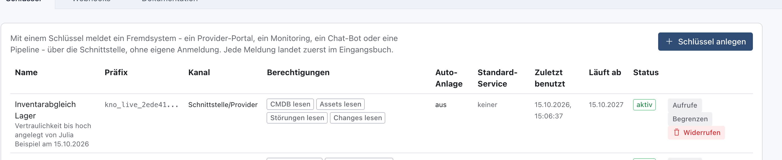Liste der Schlüssel mit Inventarabgleich Lager, zuletzt benutzt am 15.10.2026 um 15:06:37, Status aktiv und den Knöpfen Aufrufe, Begrenzen und Widerrufen