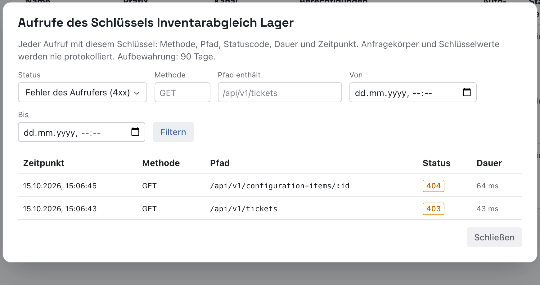 Dialog mit dem Filter Status Fehler des Aufrufers (4xx) und zwei Aufrufen: 404 auf /api/v1/configuration-items/:id und 403 auf /api/v1/tickets