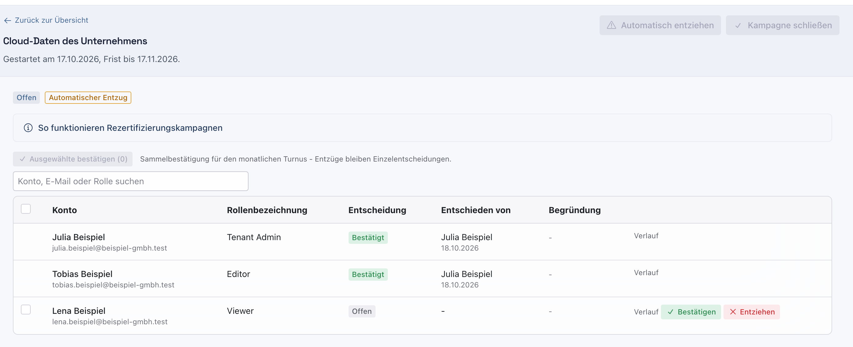 Kampagne mit Julia Beispiel und Tobias Beispiel bestätigt, Lena Beispiel noch offen mit den Knöpfen Bestätigen und Entziehen