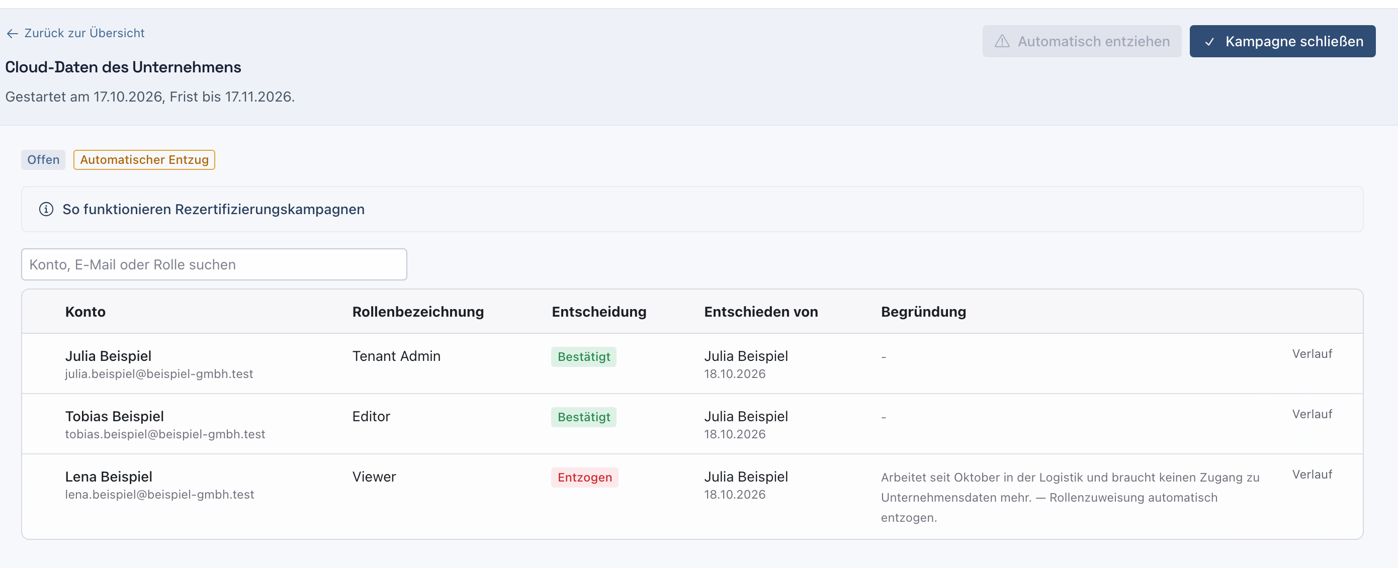 Kampagne mit allen drei Positionen entschieden, Lena Beispiel Entzogen mit Begründung, oben der Knopf Kampagne schließen
