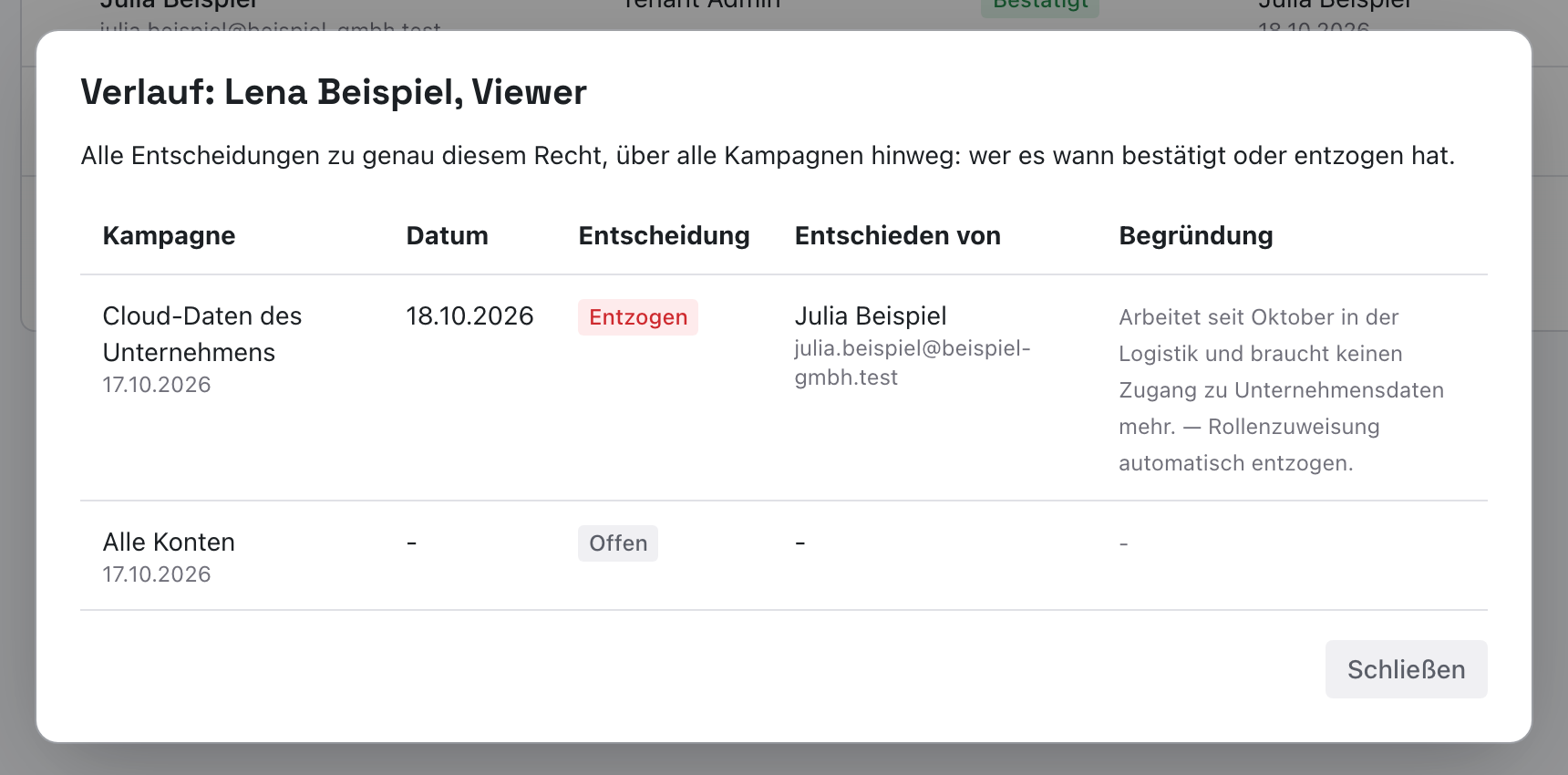 Fenster Verlauf Lena Beispiel, Viewer mit dem Entzug in der Kampagne Cloud-Daten des Unternehmens und der noch offenen Position in Alle Konten