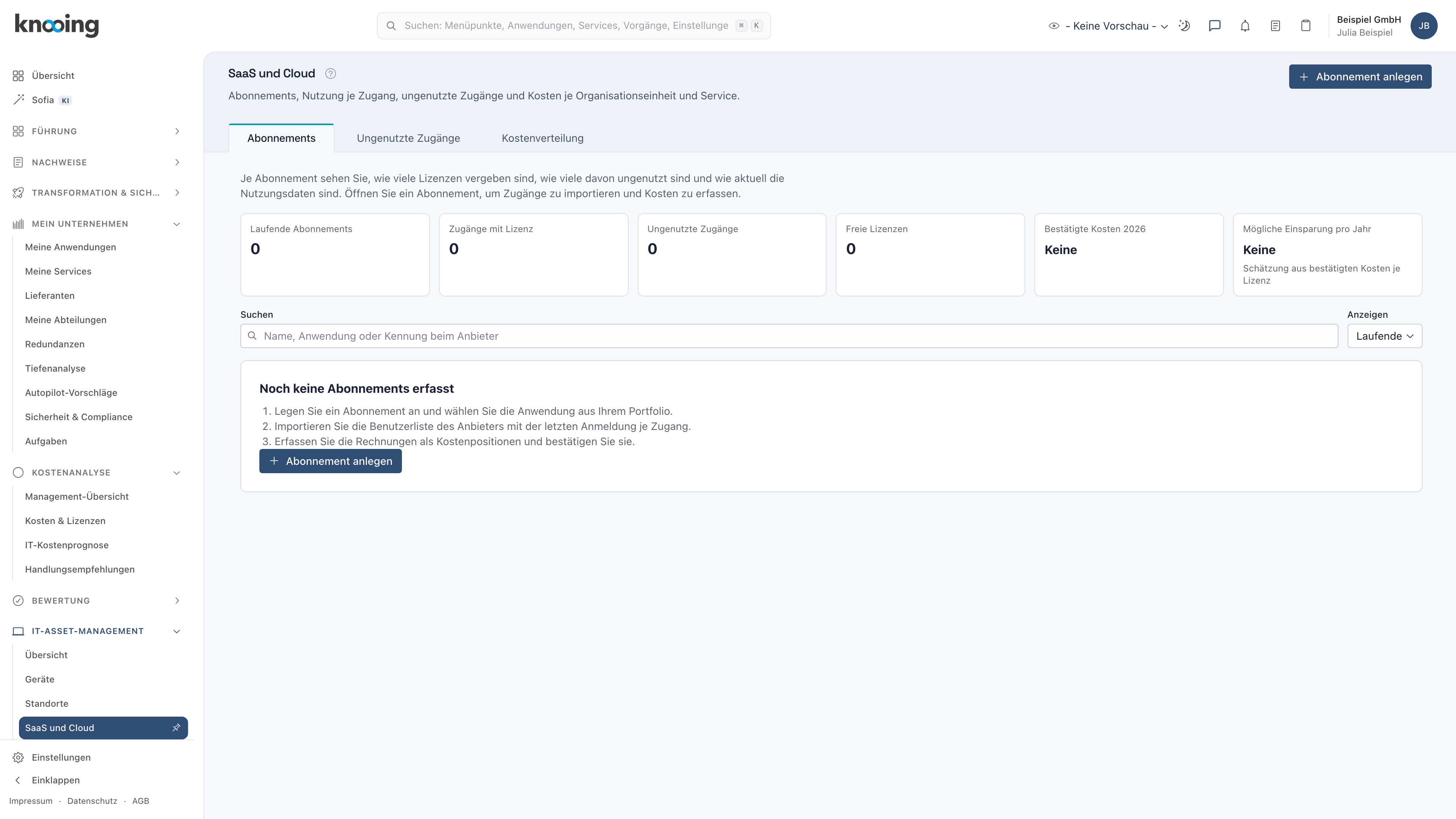 Seite SaaS und Cloud ohne Abonnements, links in der Seitenleiste der Menüpunkt SaaS und Cloud, oben rechts der Knopf Abonnement anlegen