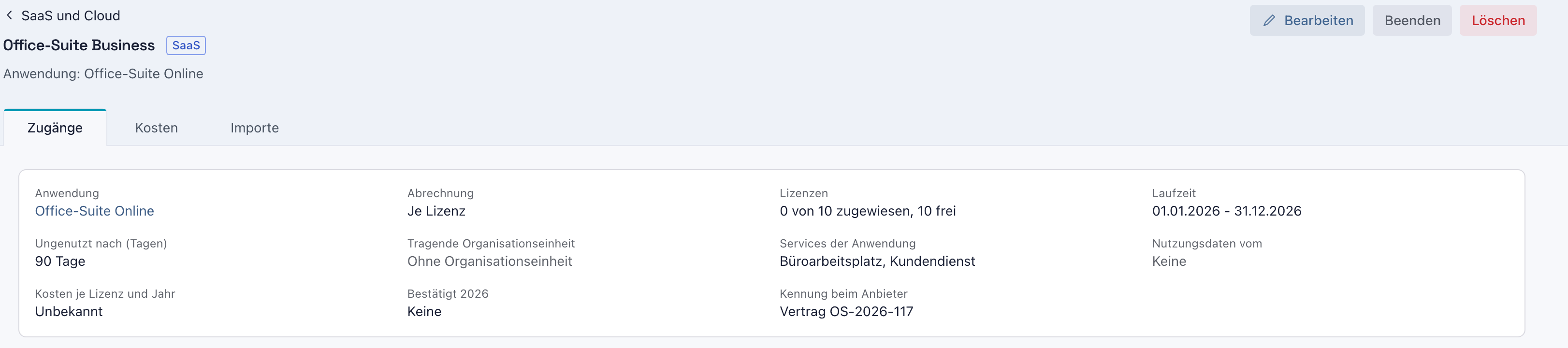 Seite des Abonnements Office-Suite Business mit den Reitern Zugänge, Kosten und Importe und den Eckdaten 0 von 10 zugewiesen, 10 frei sowie den Services Büroarbeitsplatz und Kundendienst