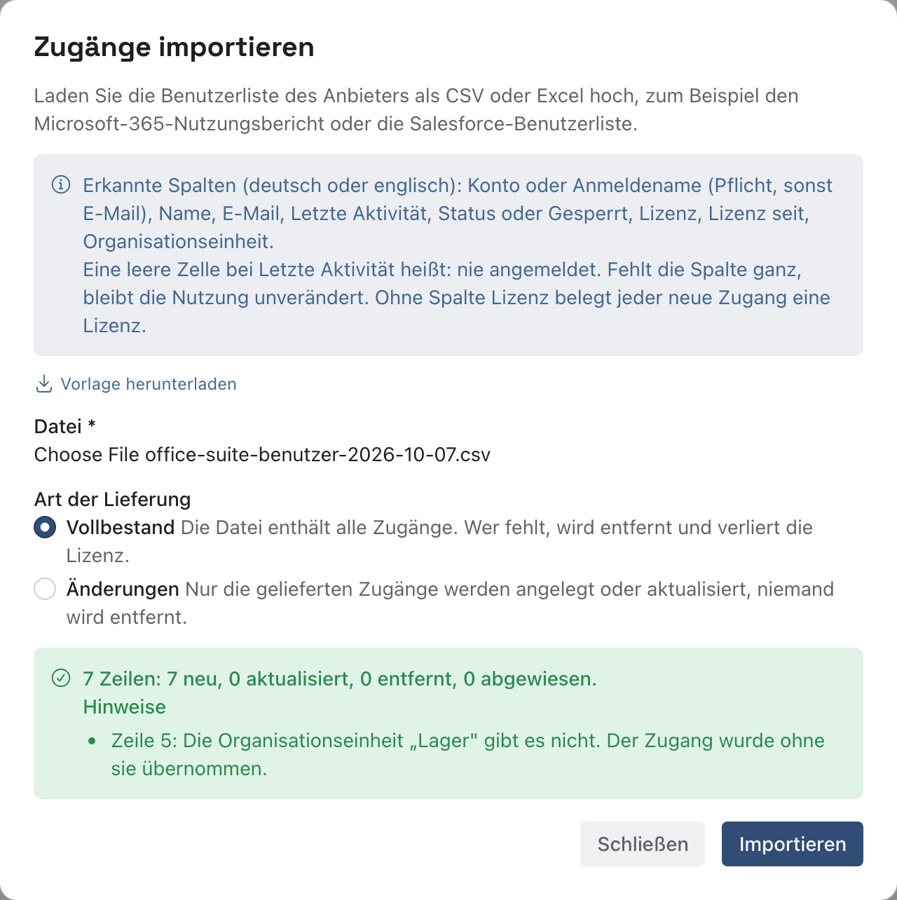 Dialog Zugänge importieren mit der Datei office-suite-benutzer-2026-10-07.csv, Art der Lieferung Vollbestand und dem Ergebnis 7 Zeilen, 7 neu, mit einem Hinweis zu Zeile 5