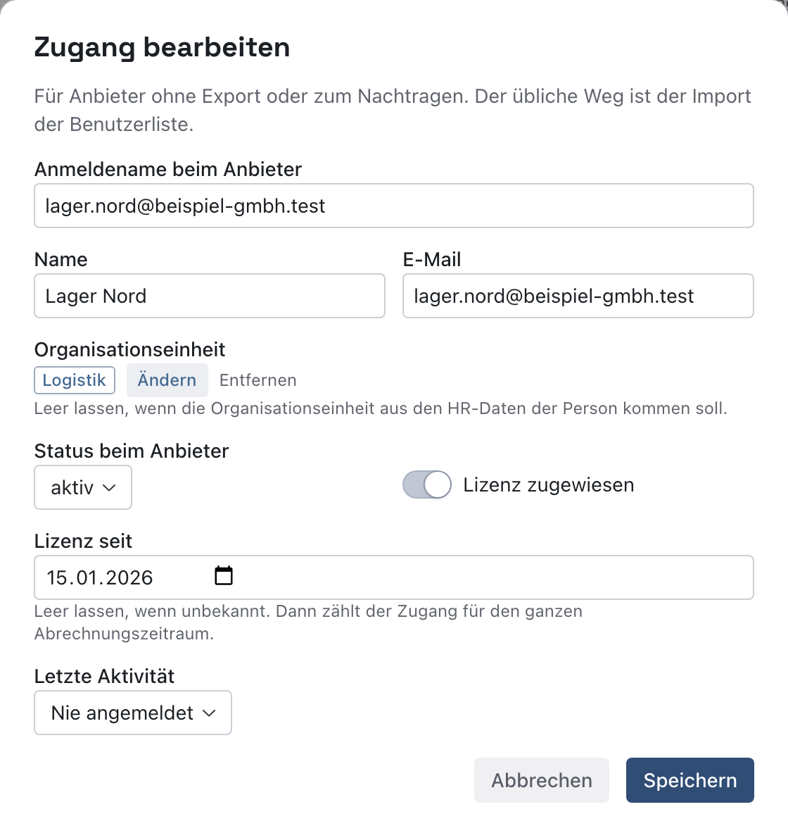 Dialog Zugang bearbeiten für Lager Nord mit der gewählten Organisationseinheit Logistik und dem Knopf Speichern