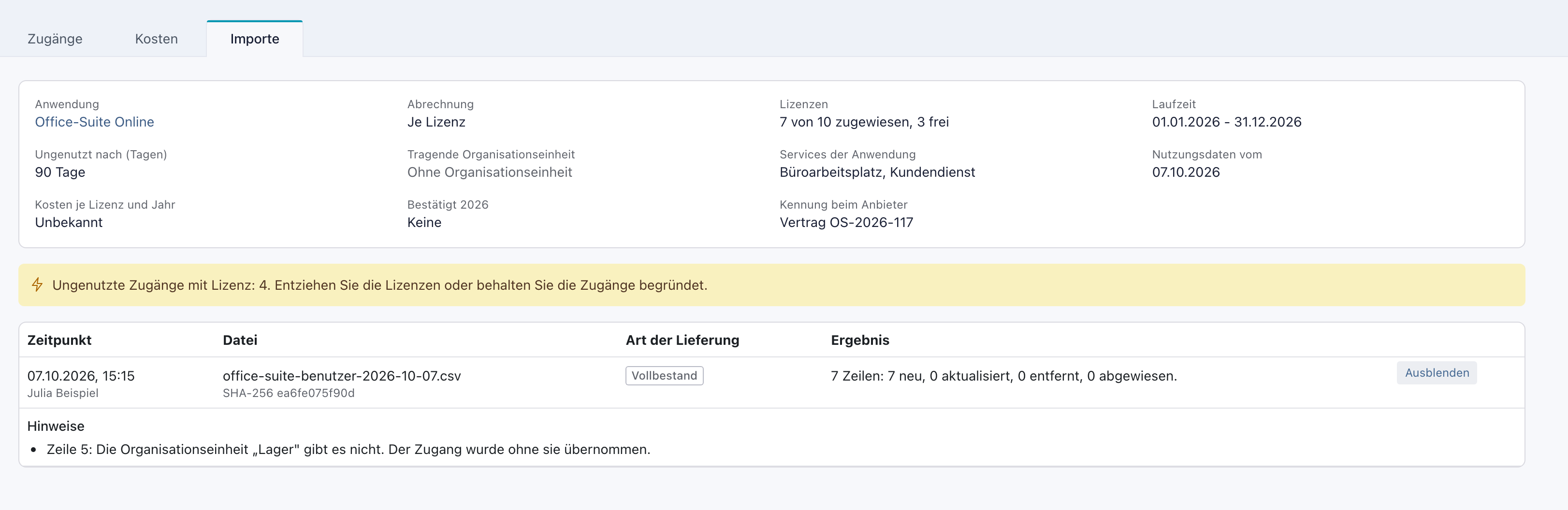 Reiter Importe mit dem Import vom 07.10.2026 durch Julia Beispiel, Datei office-suite-benutzer-2026-10-07.csv, Vollbestand und aufgeklapptem Hinweis zu Zeile 5